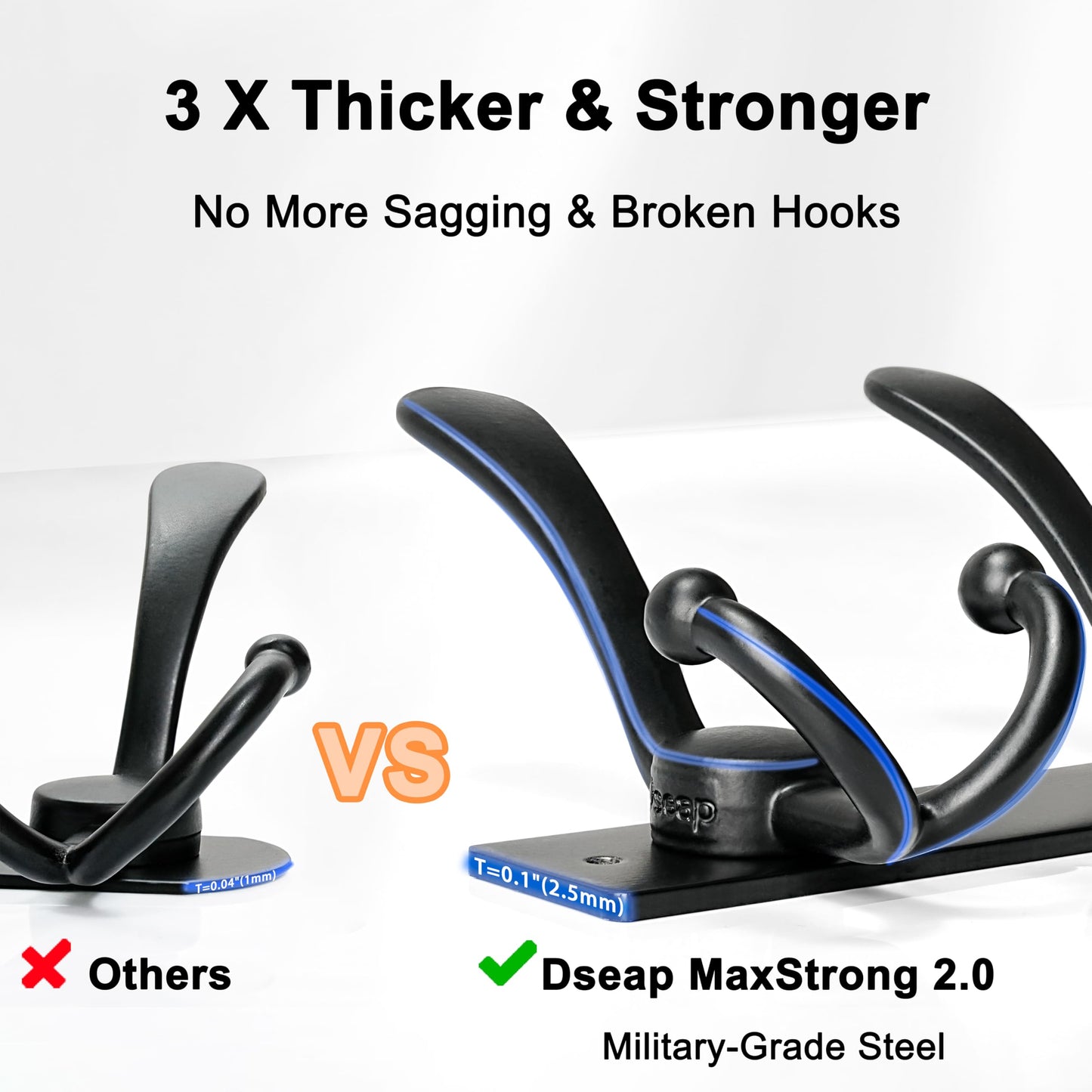 Dseap Coat Rack Wall Mount, Heavy Duty 12-Gauge Base vs Flimsy 1mm, Double-Thick Solid Anti-Snap Hooks, 16” Stud-Mount, Stainless Steel Hanger for Clothes Hat Entryway Closet Mudroom, Black