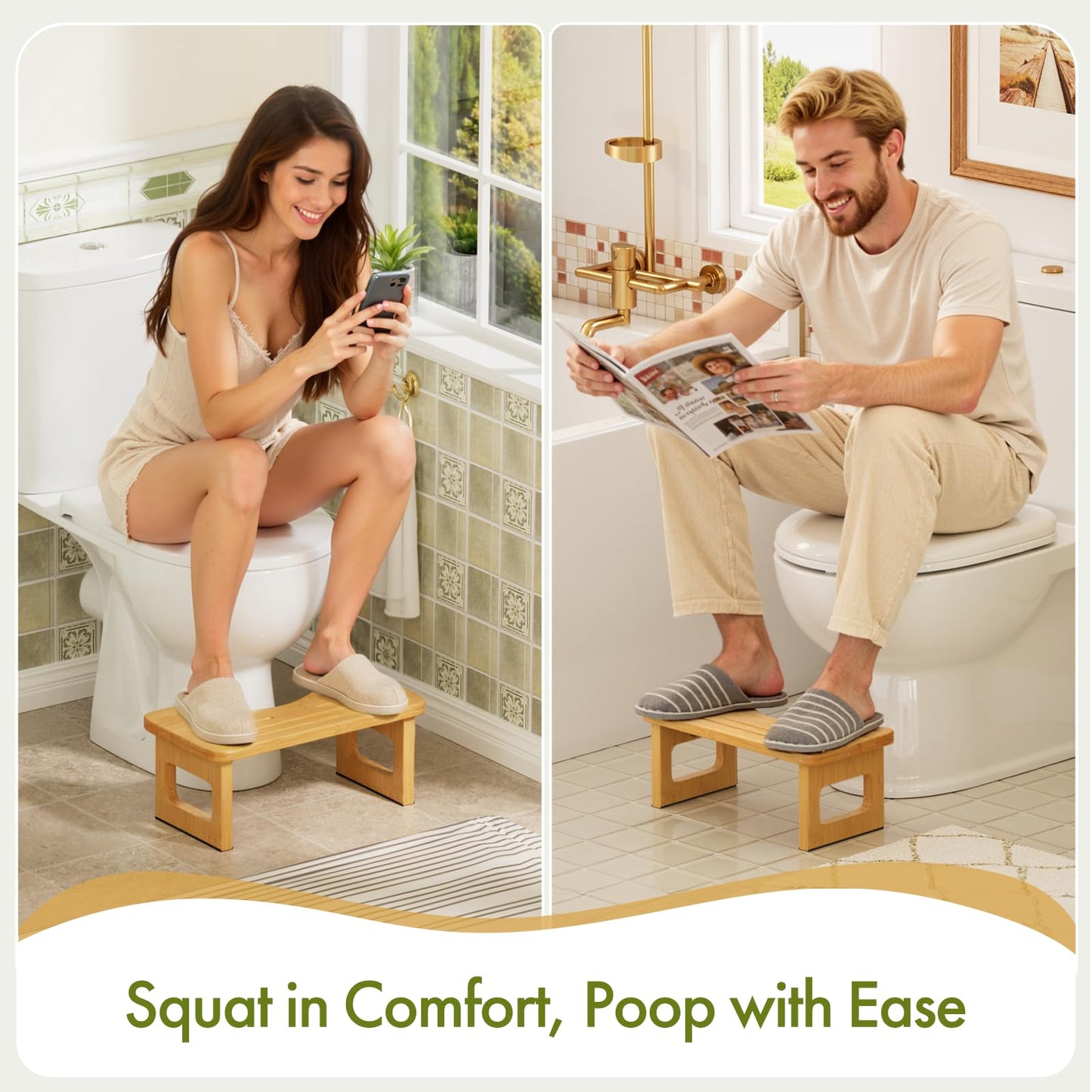 AmazerBath Bamboo Toilet Stool, Foldable Squat Potty Stool for Adults, Non-Slip Poop Stools for Bathroom, 0.59" Thickness Potty Step Stool, Poop Foot Pooping Steps, 6.8"