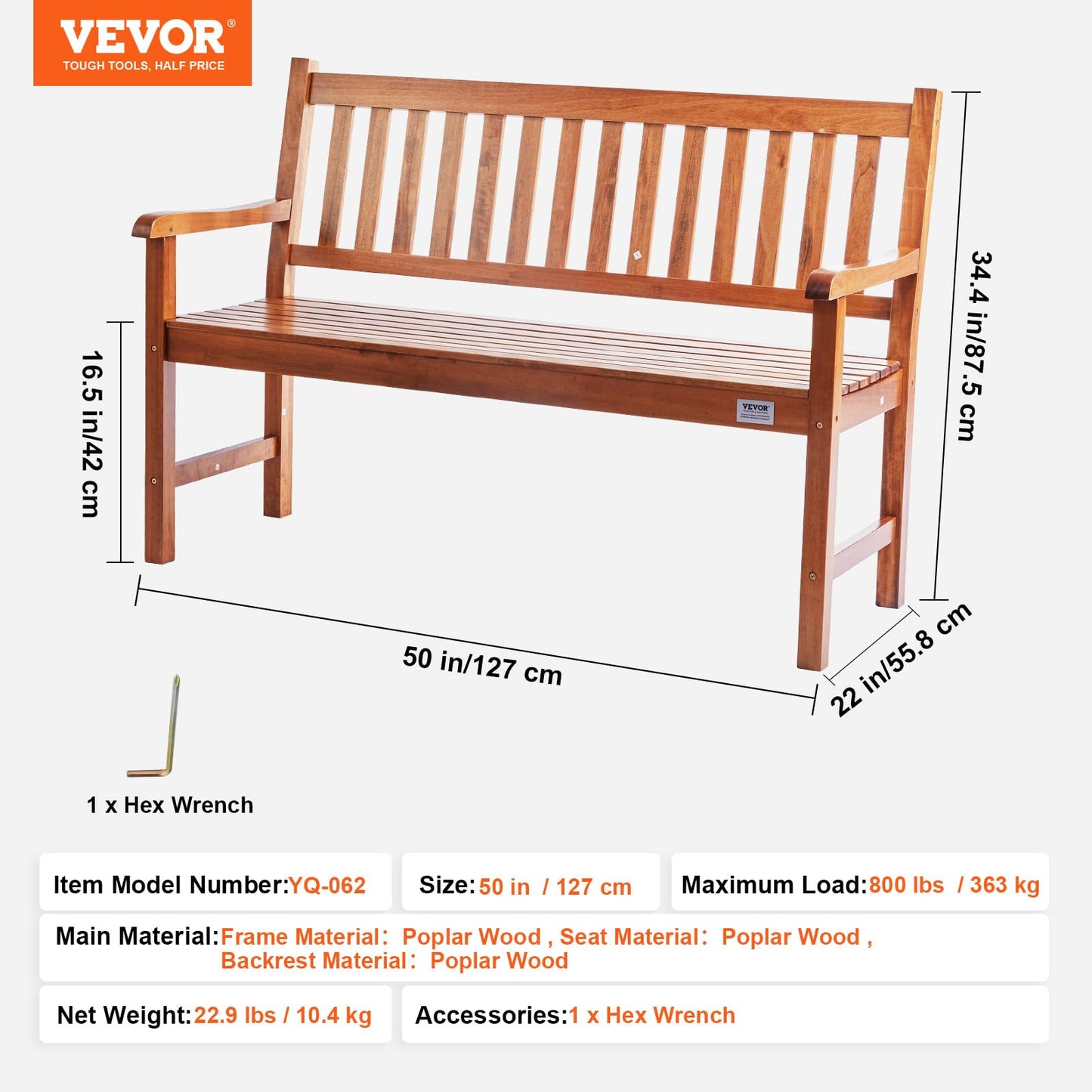 VEVOR Wood Outdoor Bench, 2-Person Garden Bench with Backrest and Armrests, 800 lbs Load Capacity,All-Weather Never Rot Patio Bench for Garden, Park, Yard, Front Porch