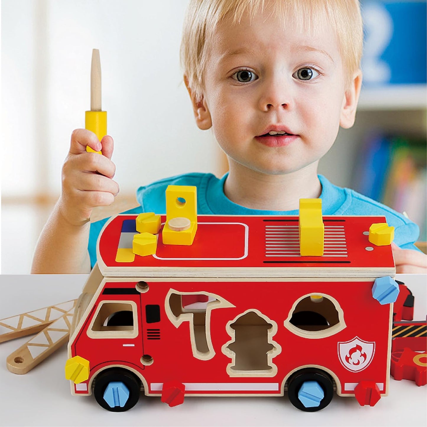 LOVELAND Wooden Fire Truck Toy – Take-Apart STEM Vehicle with Firefighter Tools & Shape Sorting, Montessori Educational Gift for Toddlers Boys Girls Ages 3+
