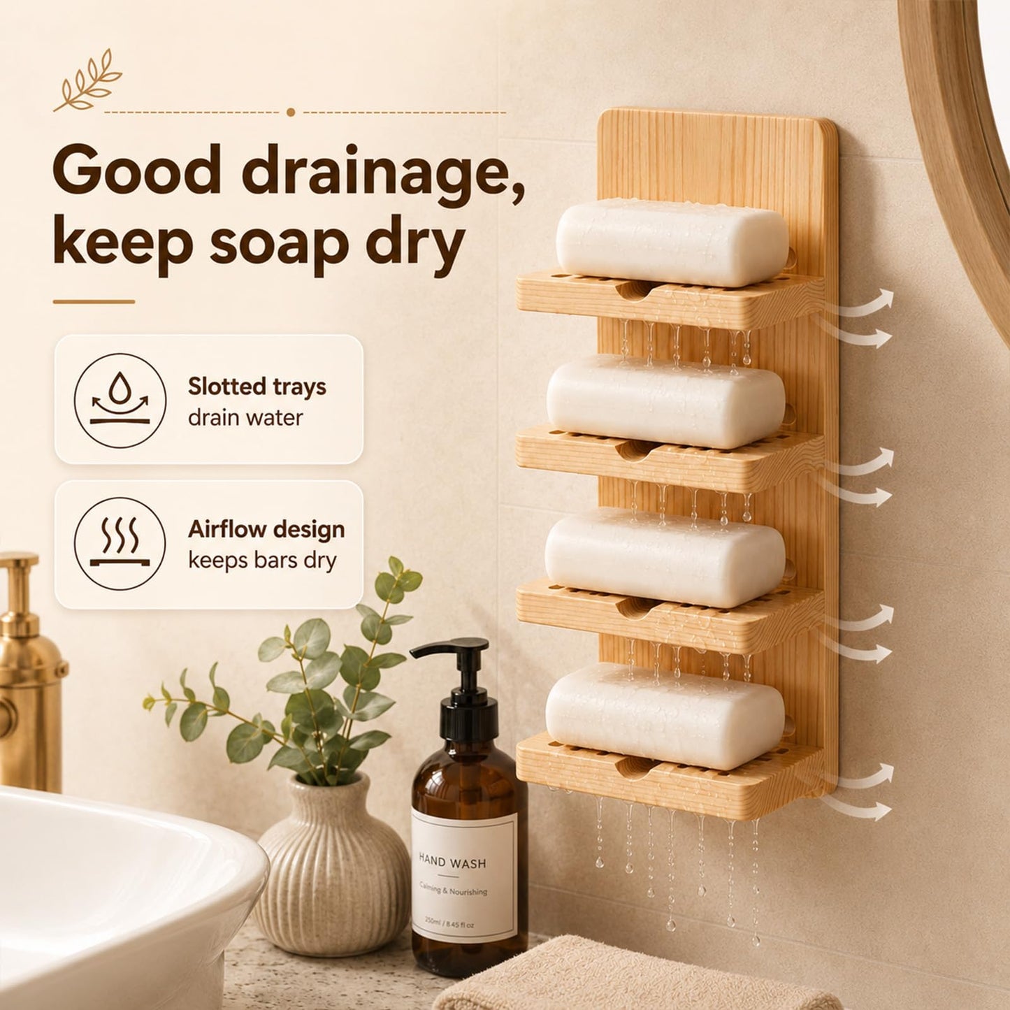 Ferrochef 4 Tier Wooden Soap Holder for Shower, Wall-mountable Soap Dish, Self Draining Bar Storage Organizer, Natural Wooden Bar Rack for Bathroom Counter, Kitchen, Easy Dry Extend Soaps Life
