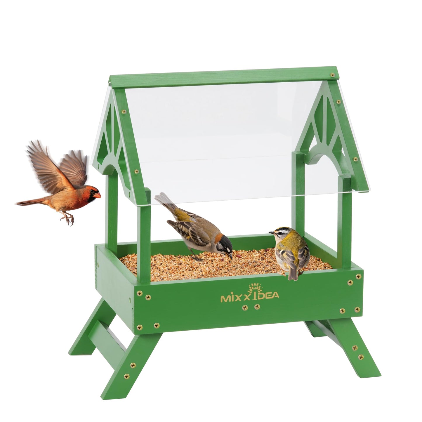 MIXXIDEA Ground Bird Feeder for Outdoors - Bird Feeder with shelter for Bird &Squirrel Wooden Chicken Picnic Table Platform Feeder Wild Bird Feed Crow Feeder for Outside with 5 LBS Capacity