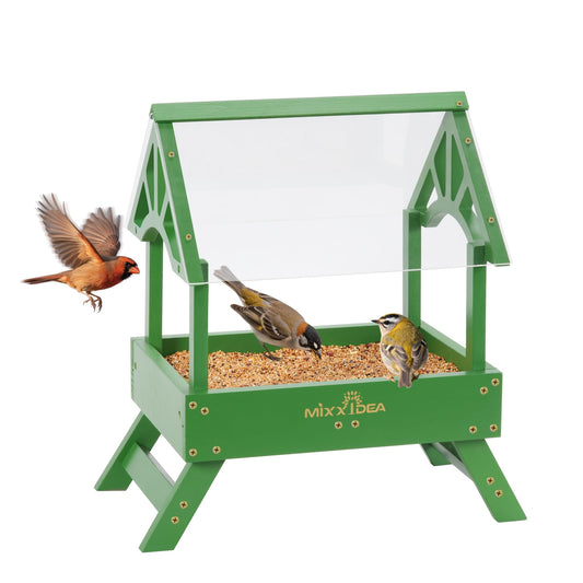 MIXXIDEA Ground Bird Feeder for Outdoors - Bird Feeder with shelter for Bird &Squirrel Wooden Chicken Picnic Table Platform Feeder Wild Bird Feed Crow Feeder for Outside with 5 LBS Capacity