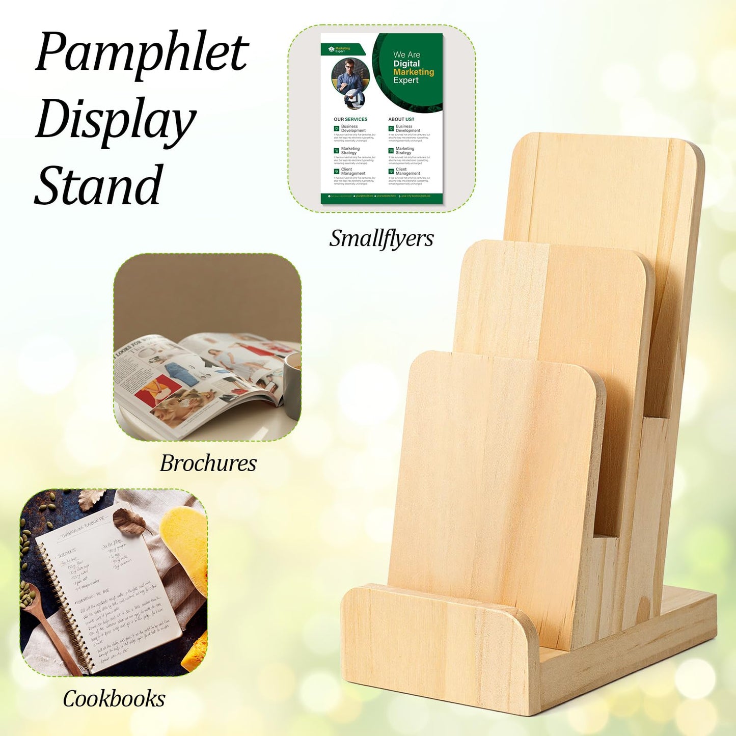 Oqqlin 2 Pcs 3-Tier Pine Wood Pamphlet Display Stand, 3 x 4 x 10 Inch Pine Wood Literature Holder Wooden Trifold Flyer Display Stand for Menu, Magazine, Pamphlet, Booklets