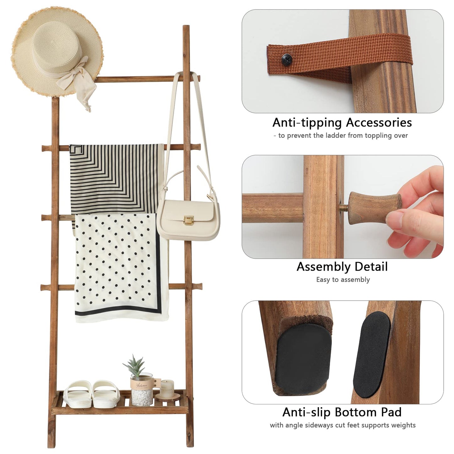 FUIN 5ft Wood Blanket Ladder with Bottom Shelf for Living Room Decorative Wall Leaning Farmhouse Quilt Display Holder Storage Rustic Wooden Towel Rack for Bathroom, Light Brown