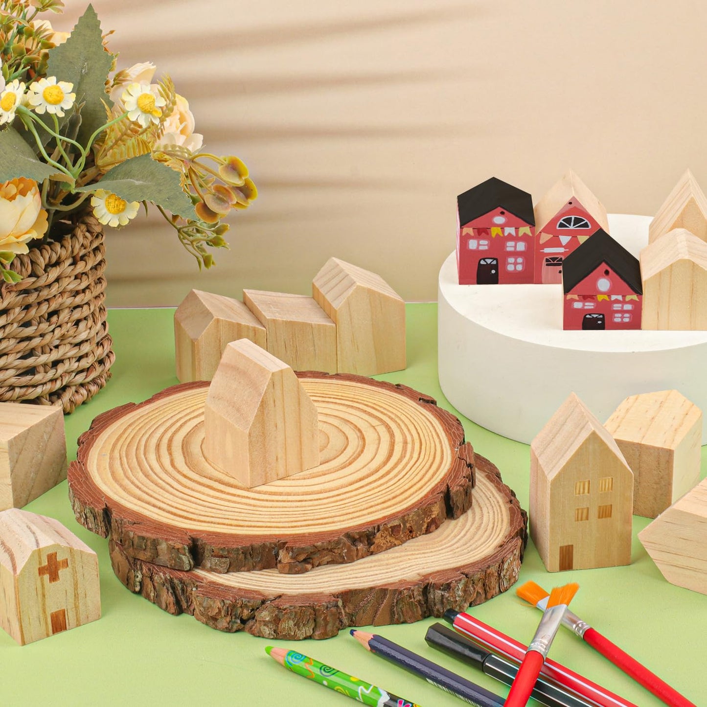 Yiksonyo 56 PCS Multi-Size Unfinished Wood House Shaped Blocks, Wooden Houses for Crafts, Arrow Shape Wood Blocks for DIY Projects, Home Decor, and Festive Occasions