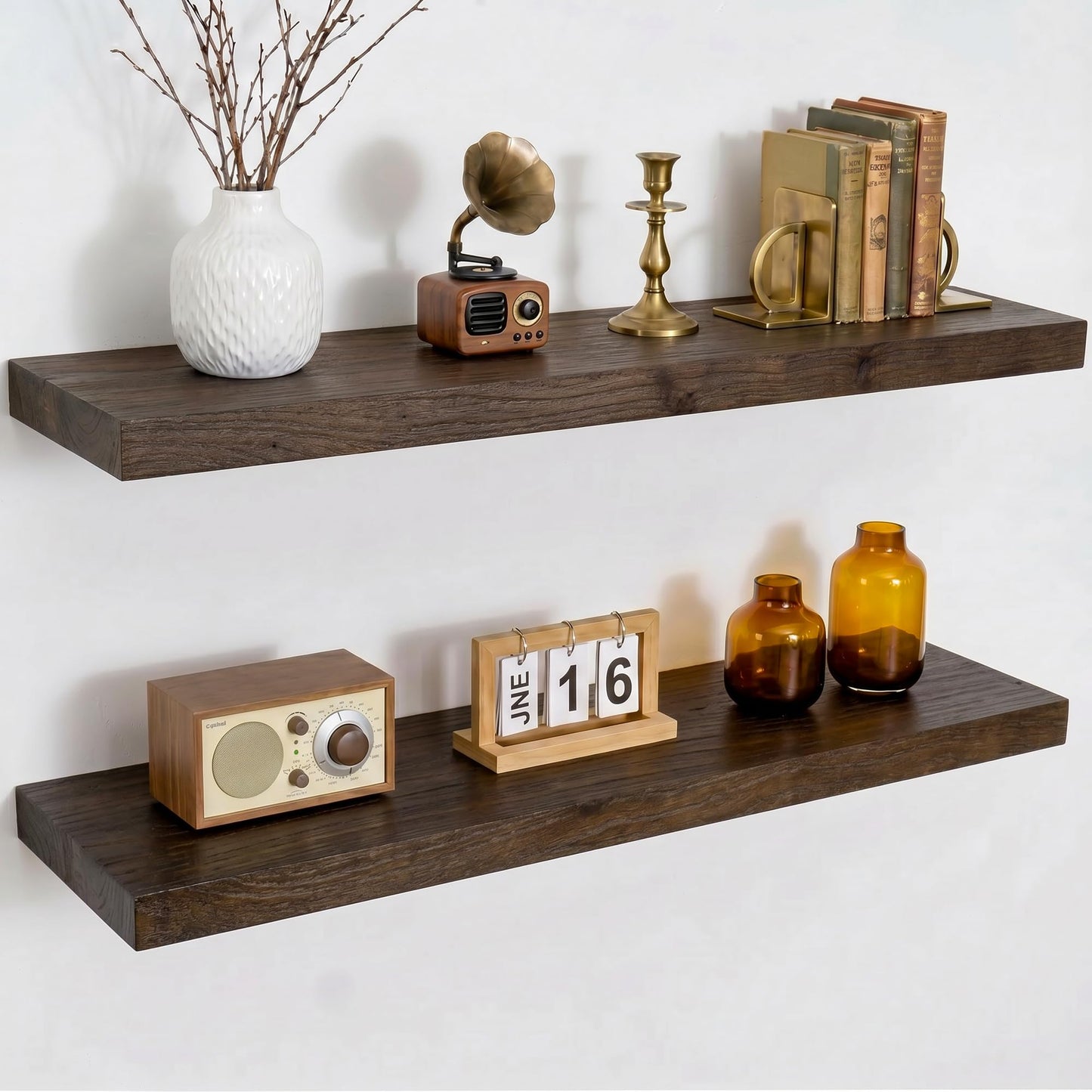 Dreamland Rustic Elm Woood Floating Shelves for Wall Decor, 30" W x 8" D x 1.5" H Floating Shelves Set of 2, Wall Mounted Deep Wooden Shelf for Living Room, Bedroom, Kitchen, Bathroom, Walnut