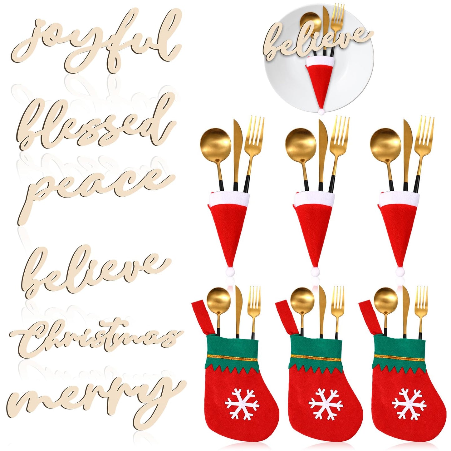 Geetery 24 Set Christmas Cutlery Tableware Holders Christmas Santa Hats Silverware Holders Christmas Socks Silverware Holders and Wooden Cutout Letter Signs for Party Dinner Table Decorations