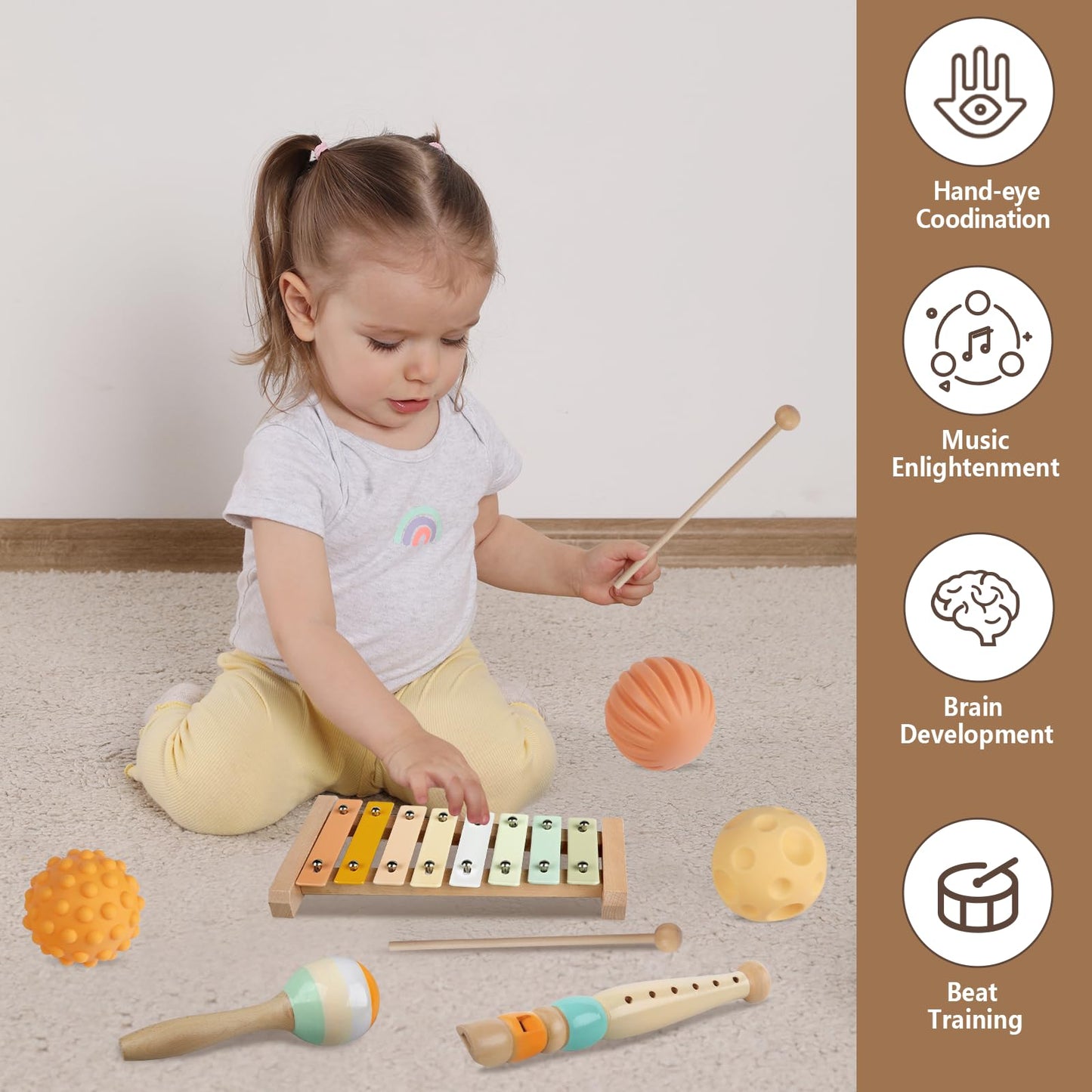 Montessori Baby Toys 6 in 1, Wooden Musical Instruments Xylophone 6 Months+