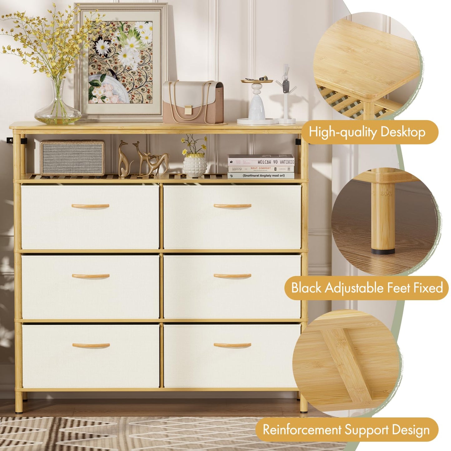 EZ2LIVE Solid Wood Dresser, Dresser with 6 Drawers, Solid Bamboo Frame Paired with Fabric Storage Boxes, Large Capacity, Stable and Durable, Versatile Style, for Bedrooms, Living Rooms, and Hallways