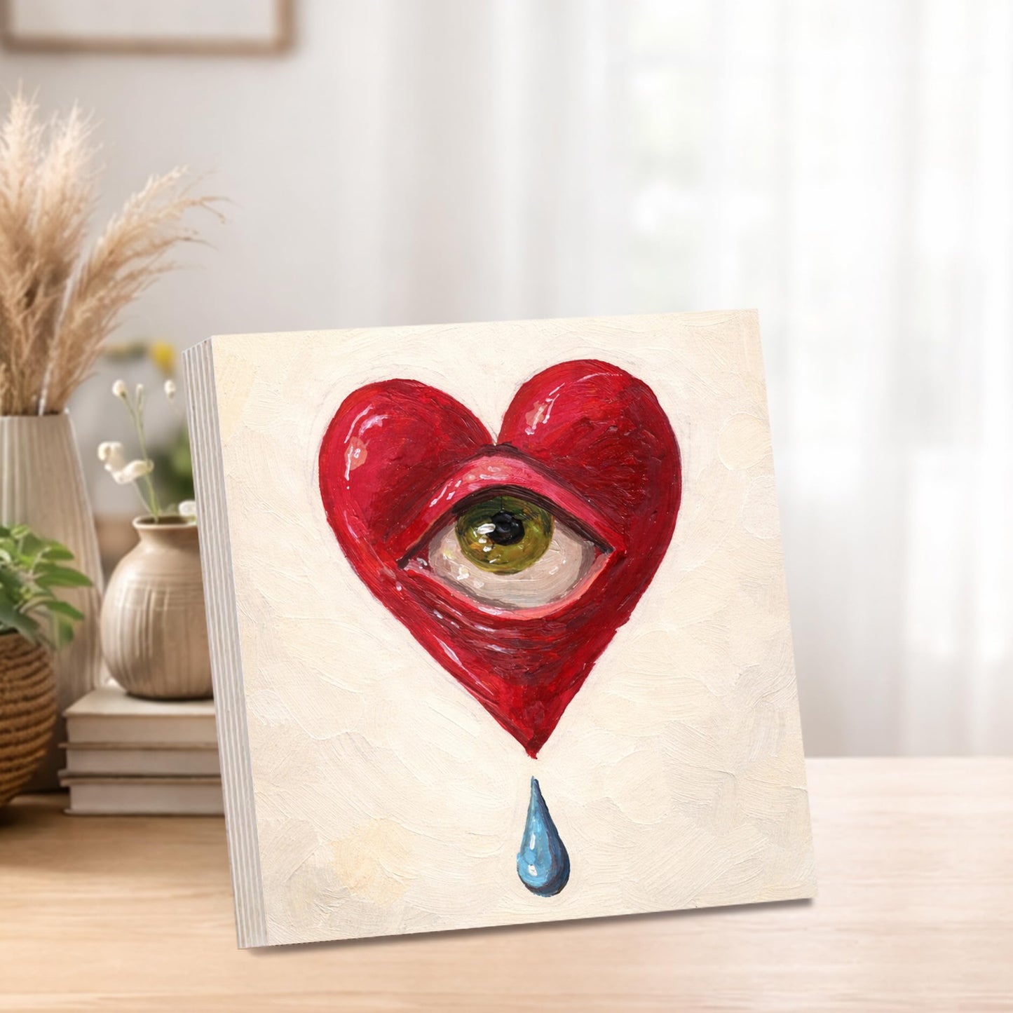 Surreal Heart Eye Wooden Block Sign, Emotional Love Art Decor, Abstract Crying Heart Design Shelf Sitter, Modern Home Table Mantel Tiered Tray Accent Gift for Art Lover