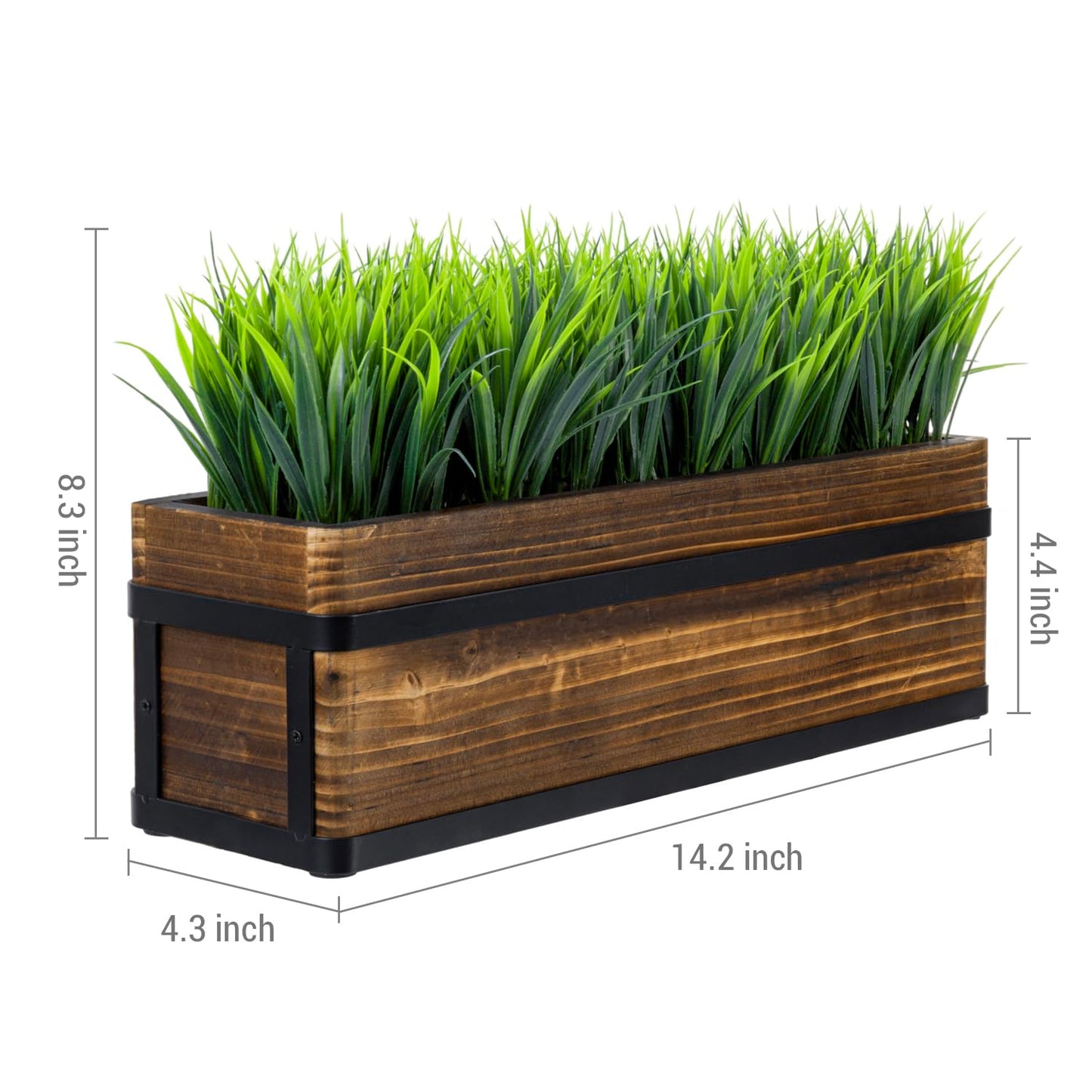 MyGift 14 Inch Artificial Green Grass Plant in Rustic Burnt Wood Planter Box with Industrial Black Metal Accents, Realistic Greenery Tabletop Centerpiece