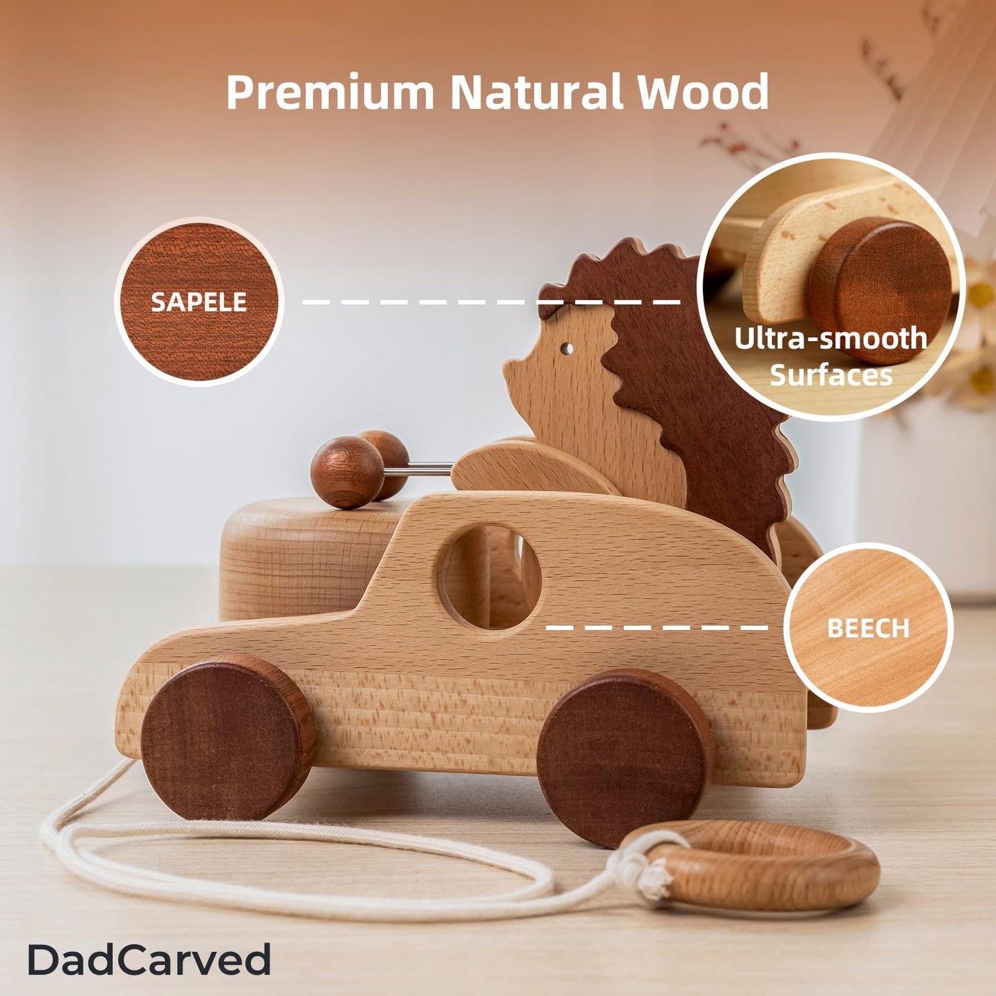 DadCarved Hedgehog Pull Toy | Montessori Wooden Pull-Along Walking Toy with Wooden Grip Ring | Natural Drumming Sound for Kid Toddlers