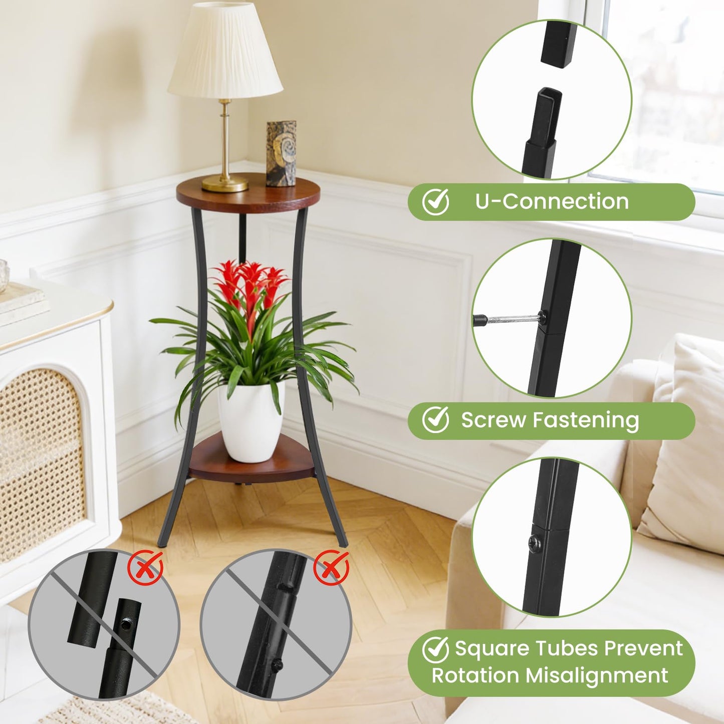 Yedcxup 2-Tier Tall Plant Stand Indoor Outdoor, Round Wooden Corner Plant Shelf with Walnut Panel & Black Metal Frame, Modern Flower Pot Holder Rack for Living Room, Balcony, Patio Decor
