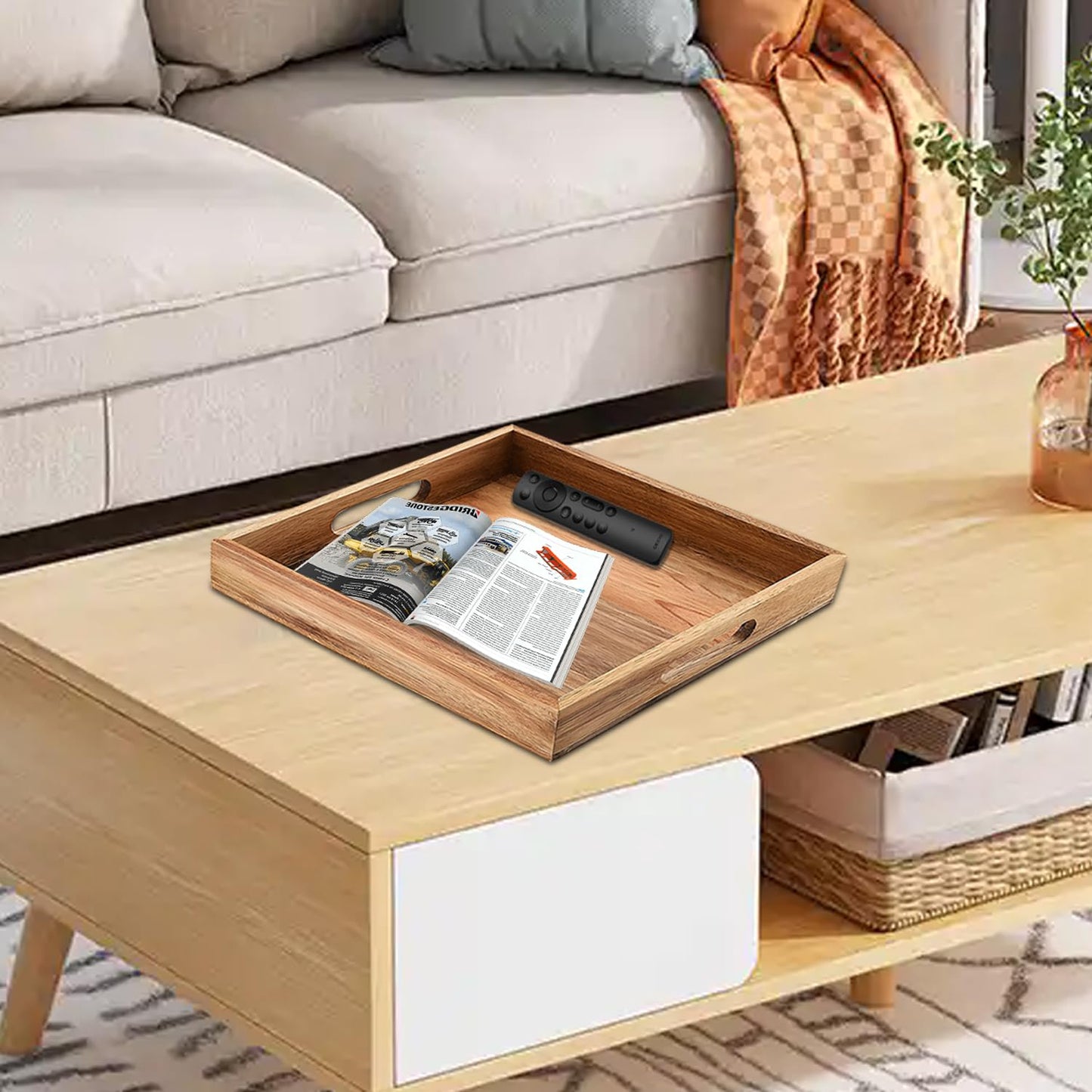 Large Acacia Wood Serving Tray, 17 Inch Square Ottoman Tray with Handles, Big Wood Platter for Living Room, Oversized Wooden Trays for Ottoman Decorative Food Coffee Table Party Bed Dinner Topper