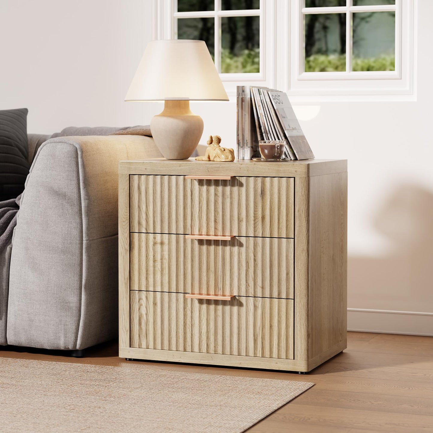 LOOMORA Fluted Nightstand with 3 Drawers, 23" Wide Modern Night Stand, Tall Bed Side Table with Metal Handle, Large Storage End Table, Nightstand for Bedroom, Living Room, Office, Nature