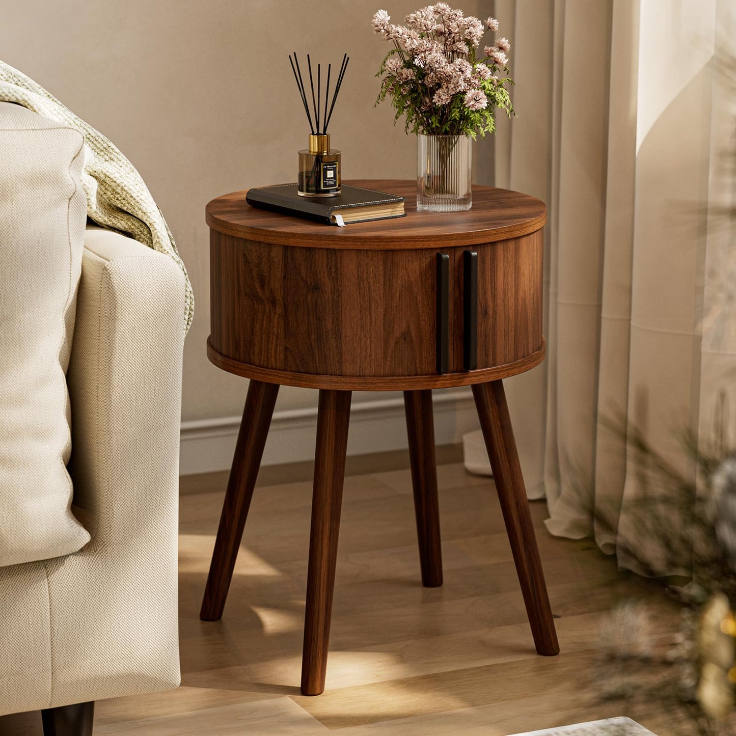 ZttRiee Round Side Table with Sliding Doors, Mid-Century End Table, Walnut