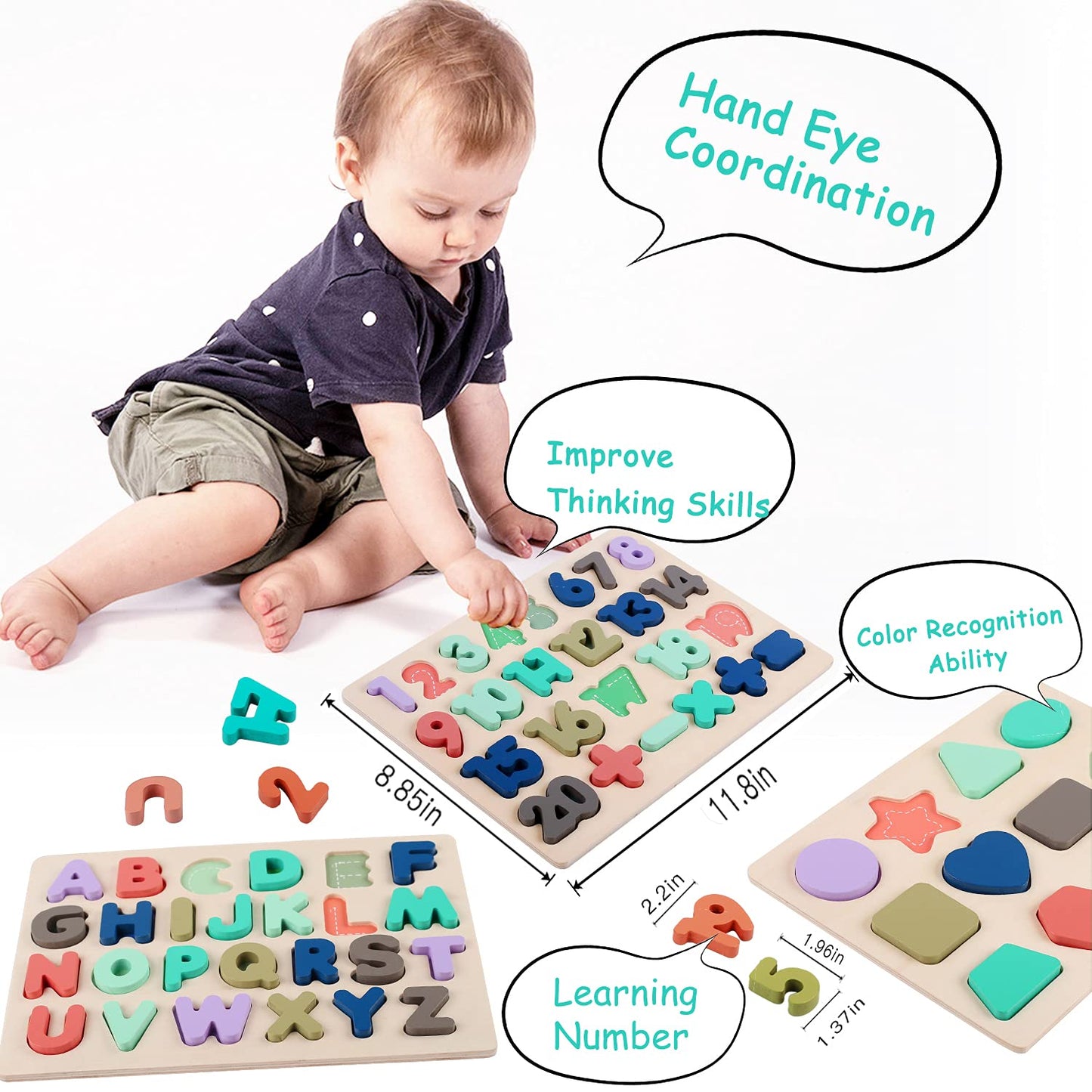Wooden Puzzles for Toddlers, Kesletney Wooden Alphabet Number Shape Learning Puzzles for Kids, Preschool Educational Toys Gift for Boys Girls Ages 3 4 5 6 Years Old