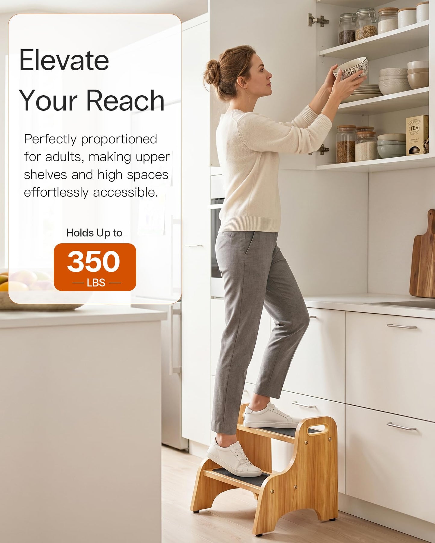 StrongTek 2 Pack Wooden 2 Step Stools, Non-Slip Surface, Skid-Resistant Foot Pads, 350 lb Capacity, Portable with Handles, Sturdy Step Stool for Kitchen, Bathroom, Bedroom and Home Use