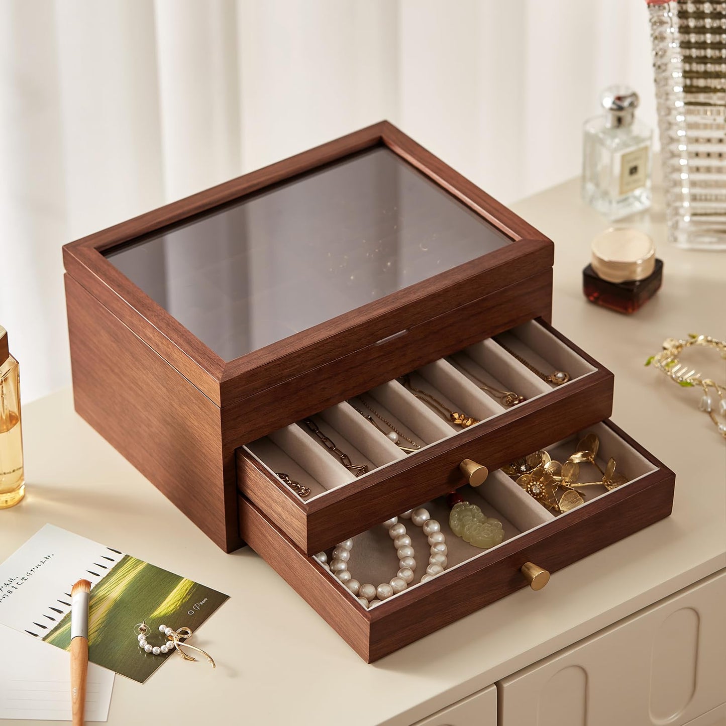 Homruilink Black Walnut Wooden Jewelry Box Women large 3 Layer Drawer Organizer Box with Glass Lid for Necklaces, Watch, Necklace, Ring, Earring Storage, Fathers Day Gift