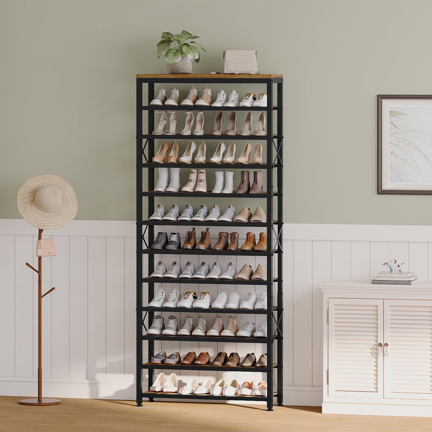 YATINEY 12-Tier Tall Shoe Rack and Entryway Bench with Shoe Storage, 3-Tier Shoe Rack Bench with Wooden Shelves and 3 Non-Woven Drawers, PU Padded Shoe Storage Bench SS212BR-HX07BB