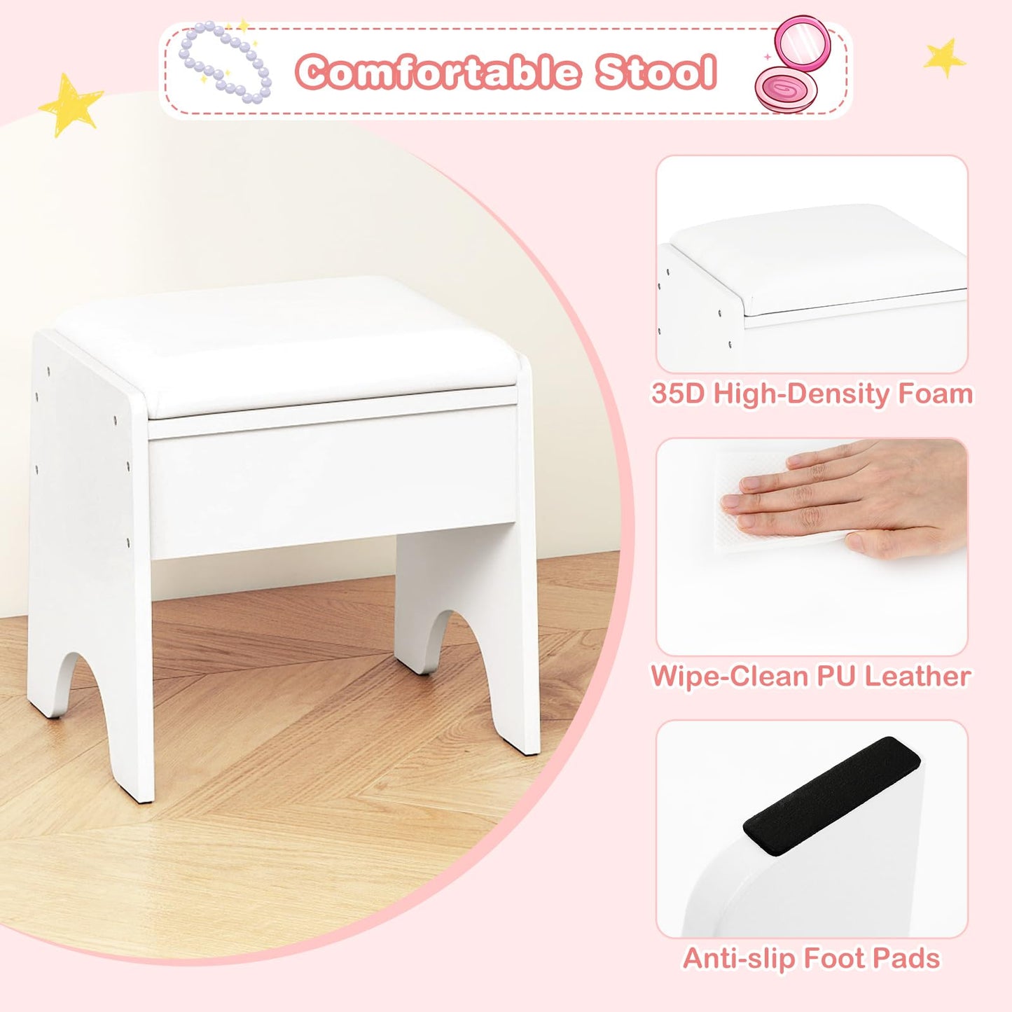INFANS Kids Vanity with Lights, Princess Makeup Desk with Mirror Storage Shelves, Toddler Table and Chair Set Pretend Play for Girls Aged 4-9 (Cream White)