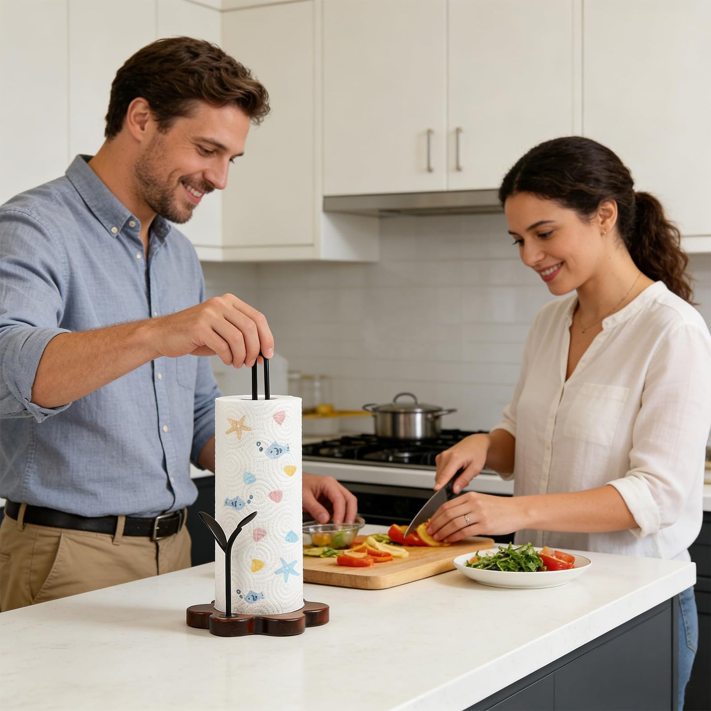 Wooden Paper Towel Holder Countertop,Kitchen Paper Towel Holder with Floral Base & Leaf-Shaped Accent with -Stable & Durable, Anti-Slip, Paper Towel Roll Holder for Farmhouse/Kitchen/Dining Décor