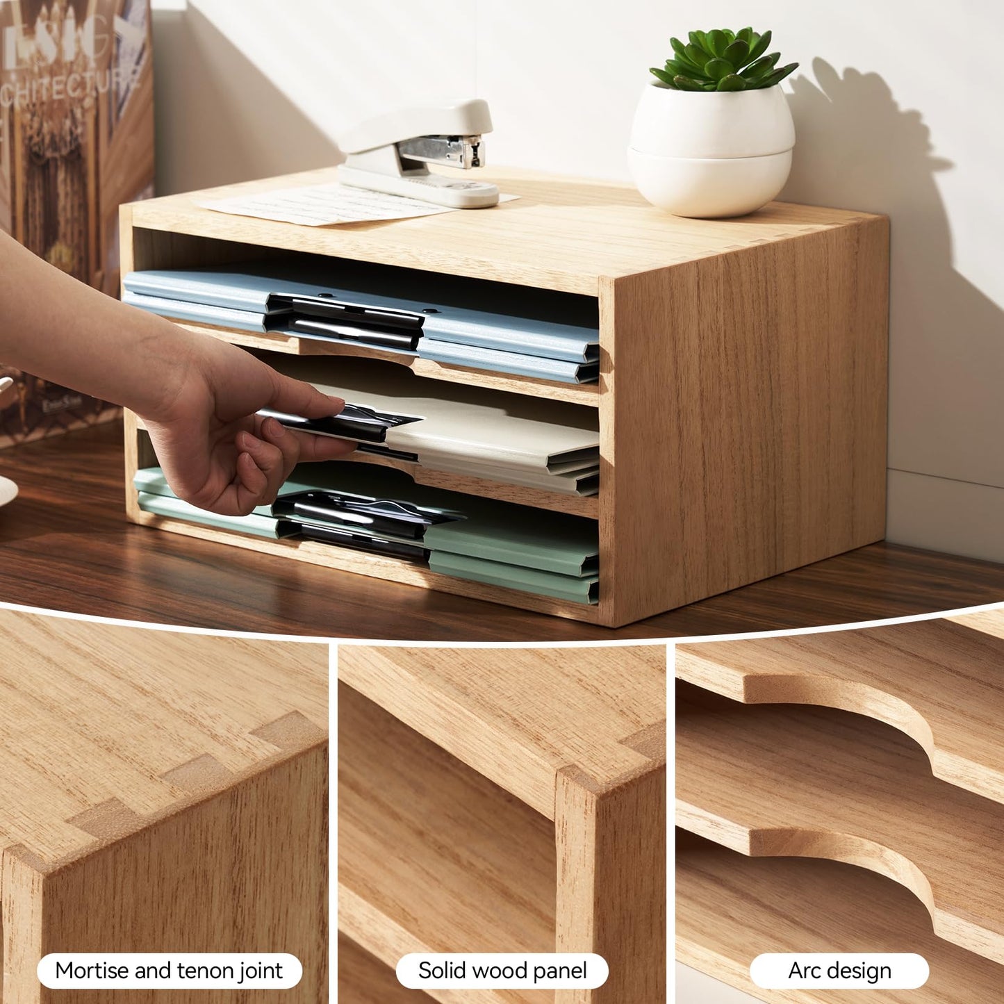 KIRIGEN Wooden Desktop Organizer, 3 Tier Solid Wood Letter Tray and Paper File Sorter for Desk, Freestanding Office Document Holder for Mail, Magazines, Folders, Natural 3KWJG-NA