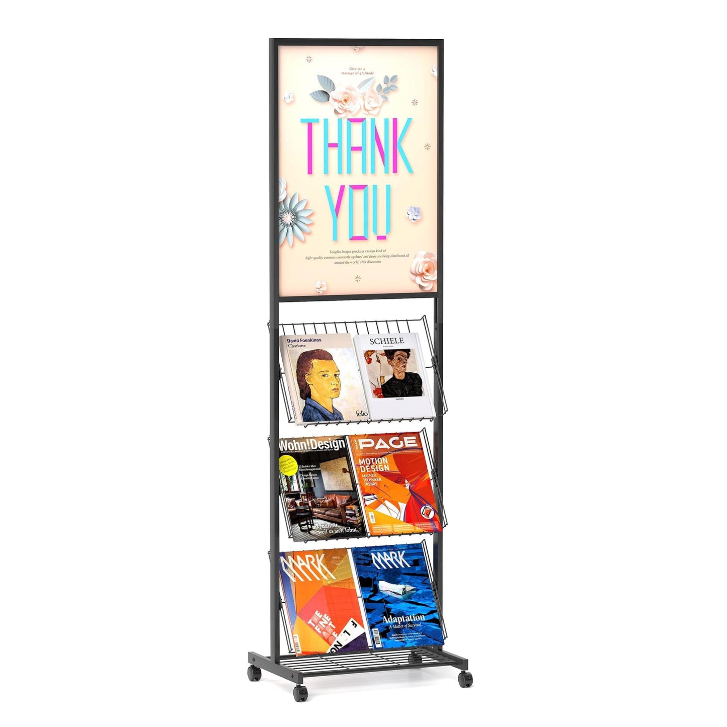 lesolar Floor-Standing Magazine Rack with Poster Board Stand, 4-tier Metal Magazine Rack with Wheels, Newspaper Holder, Book Brochure Display Stand, Poster Sign Holder for Exhibitions Store Business