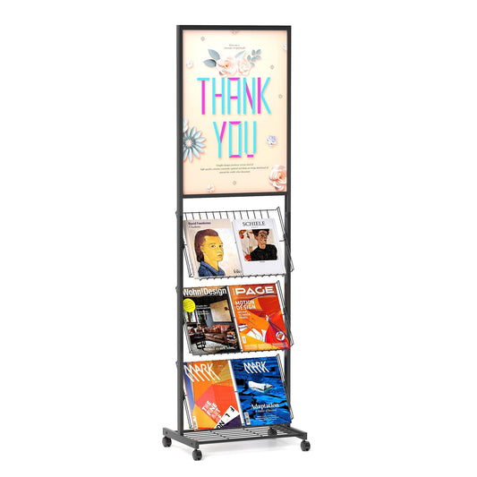 lesolar Floor-Standing Magazine Rack with Poster Board Stand, 4-tier Metal Magazine Rack with Wheels, Newspaper Holder, Book Brochure Display Stand, Poster Sign Holder for Exhibitions Store Business
