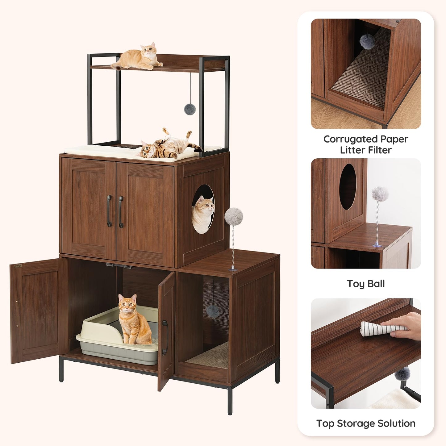 HOOBRO Litter Box Enclosure, Litter Box Furniture with Storage, 2-in-1 Hidden Cat Furniture with Shelf, 2 Dangling Plush Balls and 1 Toy Ball, Large Wooden Cat Washroom, Walnut WL78MW01