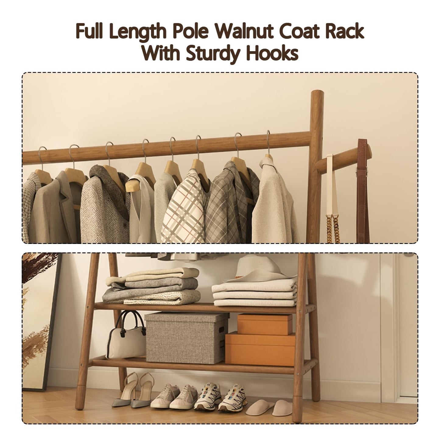 Solid Wood Clothes Rack with 2 Shelves & Hooks, Freestanding Garment Rack & Coat Rack Load 350 Lbs for Hanging Clothes & Organizer, Simple and Practical for Entryway Bedroom Living Room 39.5W
