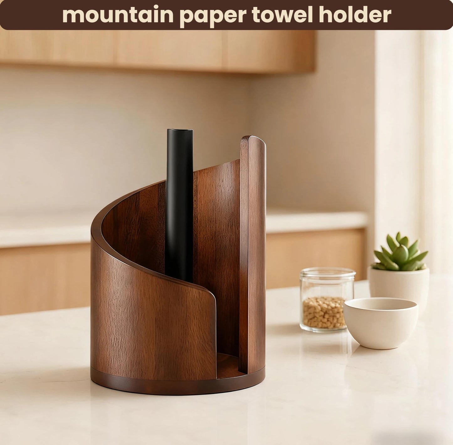 Wooden Paper Towel Holder Countertop-Easy One-Hand Tear, Made of Natural Wood and Metal Luster Rack, Suitable for Kitchen and Bathroom use of Each Table. (Brown)
