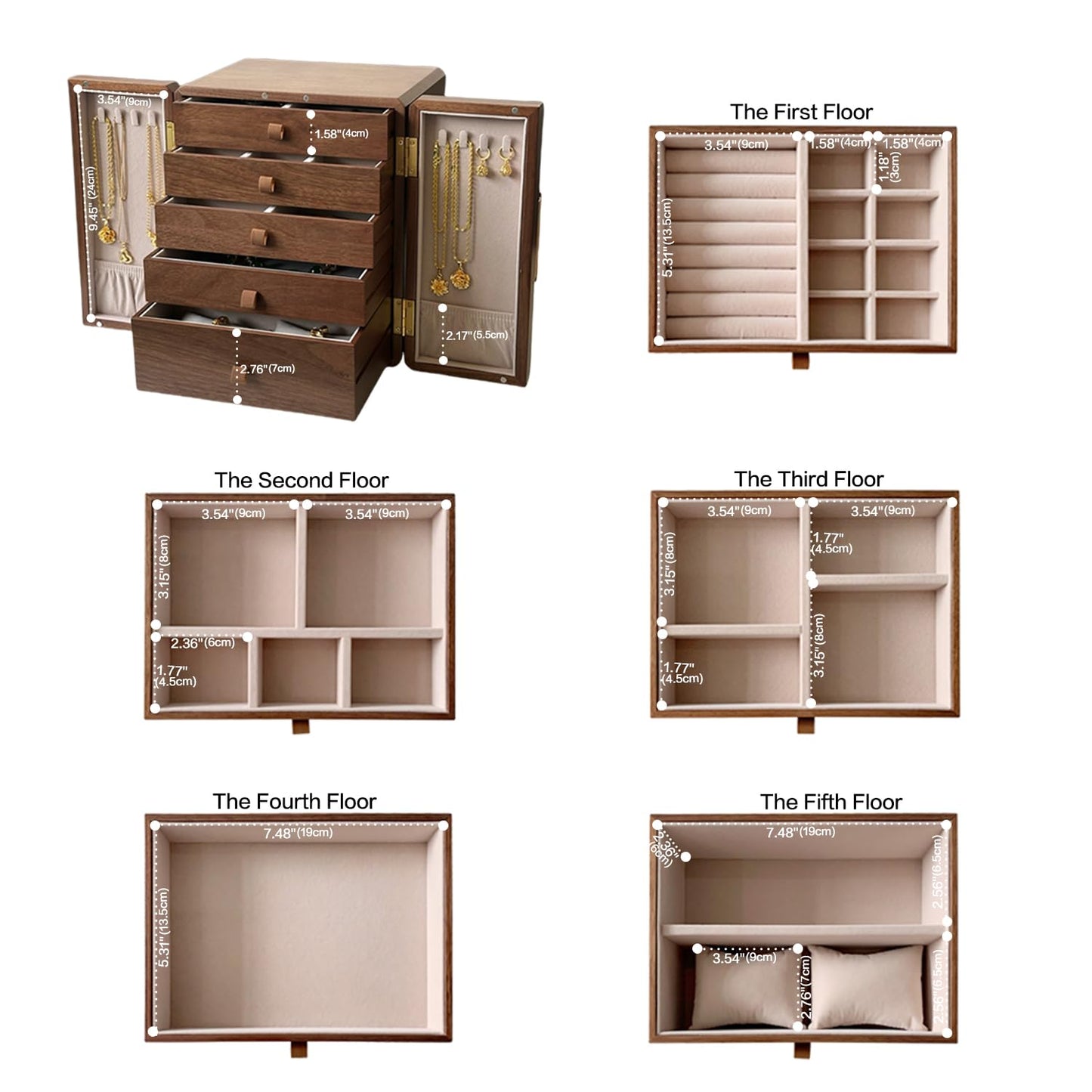 Luxury Black Walnut Jewelry Box for Women, 5-Layer Wooden Organizer , Dustproof Velvet Lined Storage for Watches, Necklaces, Rings, Earrings - Gift for Wife, Mom, Bride, Valentine's Day, Anniversary