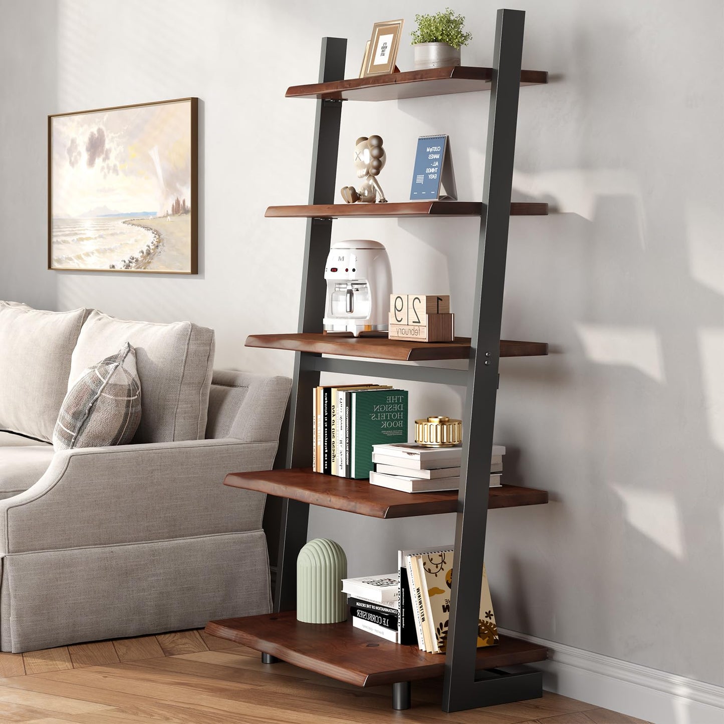 IBF 5-Tier Solid Wood Ladder Bookshelf with Natural Live Edge