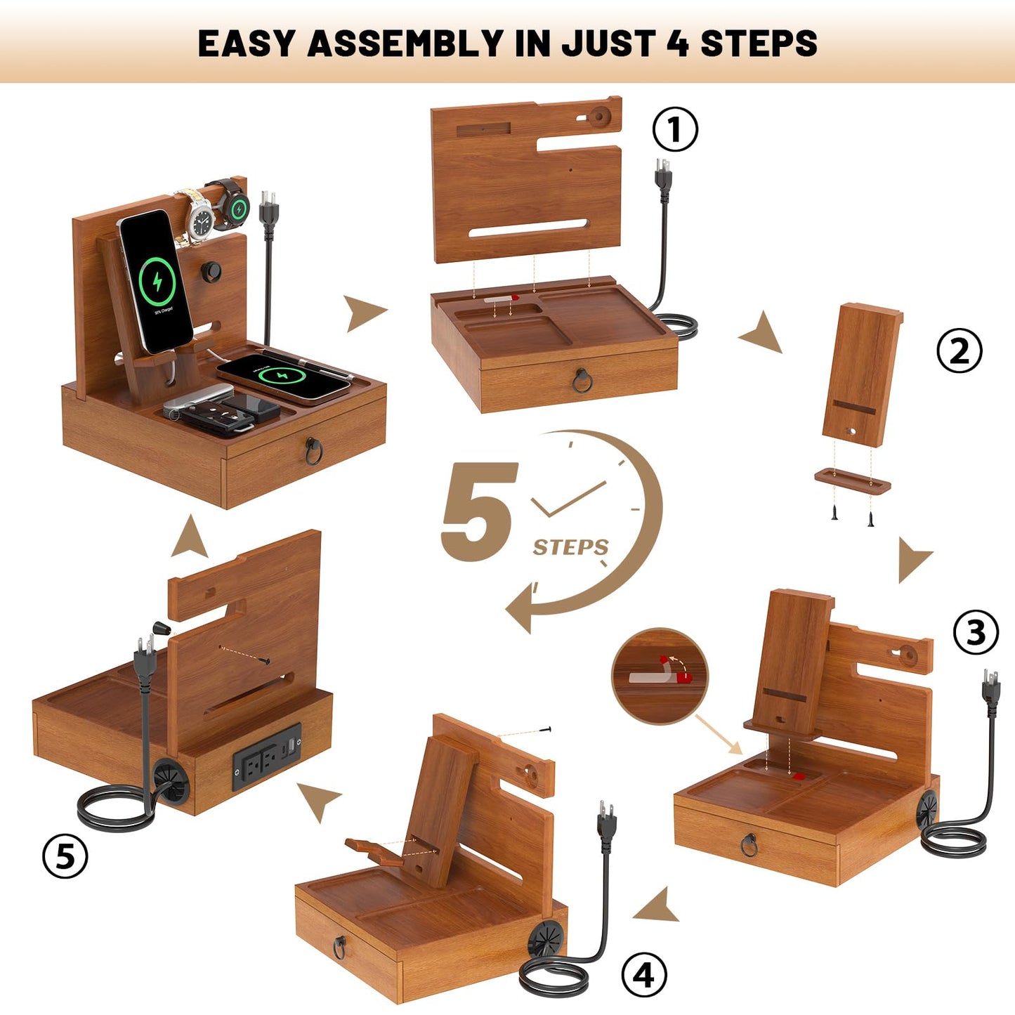 Wood Phone Docking Station with USB Ports and Outlets, Nightstand Organizer with Charging Station, Bedside Organizer with Drawer for Watch & Accessories, Christmas Anniversary Birthday Gifts for Men