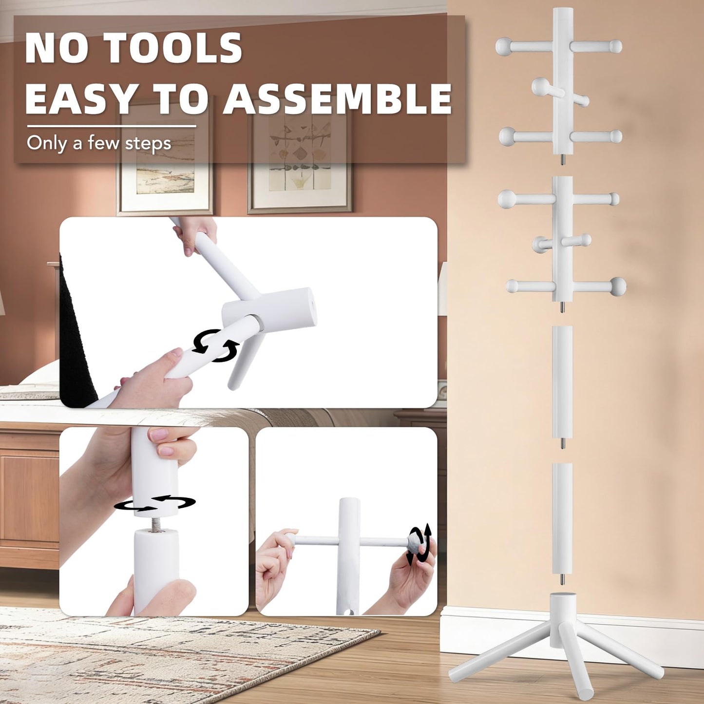 ACIPENSER Wooden Coat Rack Freestanding with 12 Hooks 3 Adjustable Heights，Standing Coat Rack Tree for Hat and Coat Rack for Small Spaces Entryway,Office,Bedroom,White