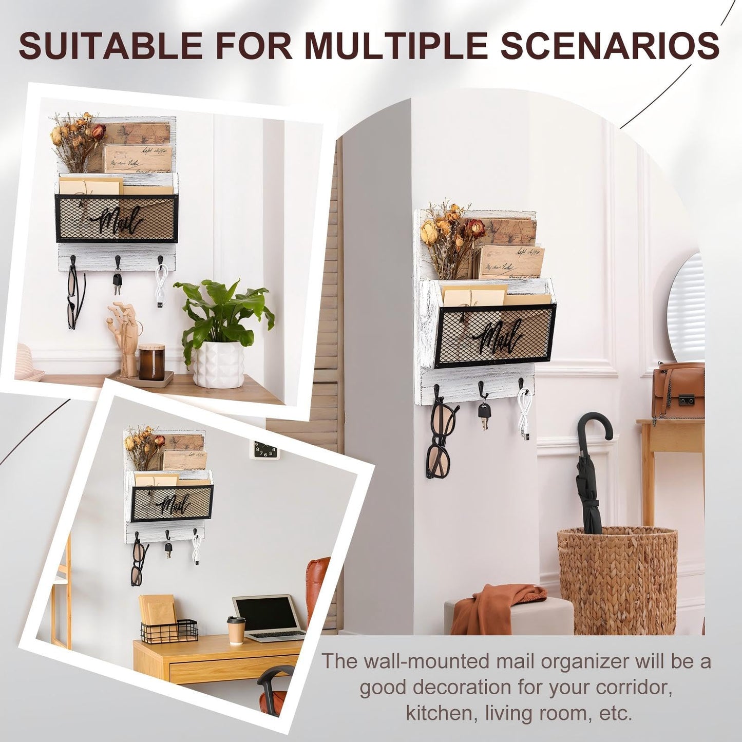 Yalikop Farmhouse Mail Organizer Wall Mounted Rustic Mail Holder Hanging Key Sorter with 3 Hooks Indoor Wooden Wall Mounted, Letter, Magazines, Newspapers, Keys(Classics,White Gray)
