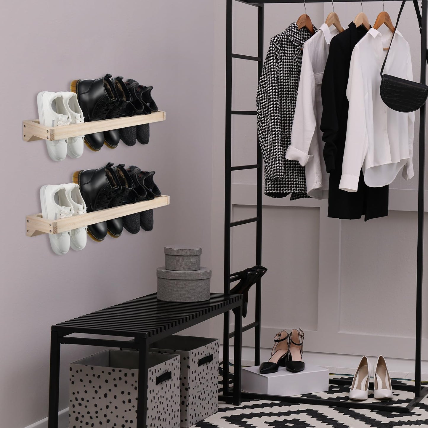 Wenqik 2 Pcs Wall Mounted Wooden Shoe Rack 30 Inch Rustic Wood Wall Hanging Shoe Rack Space Saving Footwear Holder Shoes Storage Organizer for Mudroom, Entryway, Closet (Wood Color)