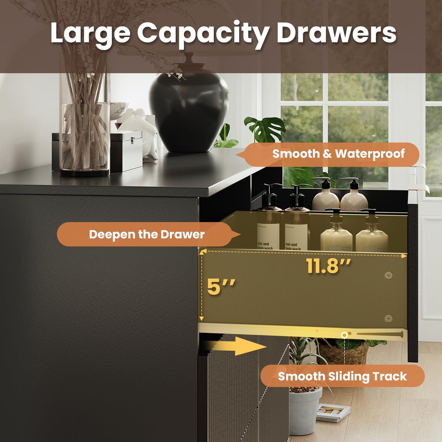 MALOL 6 Drawer Fluted Dresser for Bedroom, Modern Wooden Chest of Drawers, Wide Storage Cabinet with Smooth Silent Slides, Anti-Tip, 47" Storage Organizer for Bedroom Living Room, Black