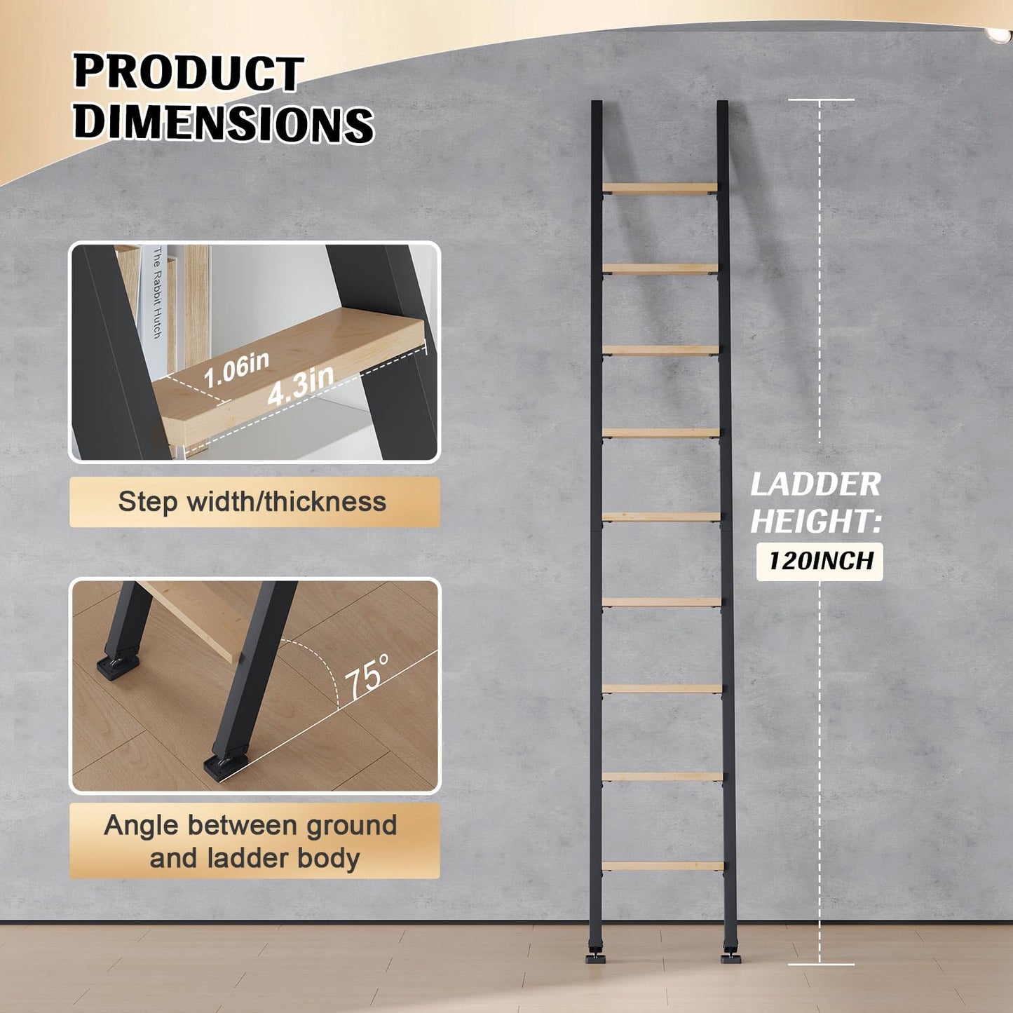 Fredbeck 10ft,120in Library Ladder Carbon Steel Frame Wooden Step,for Loft