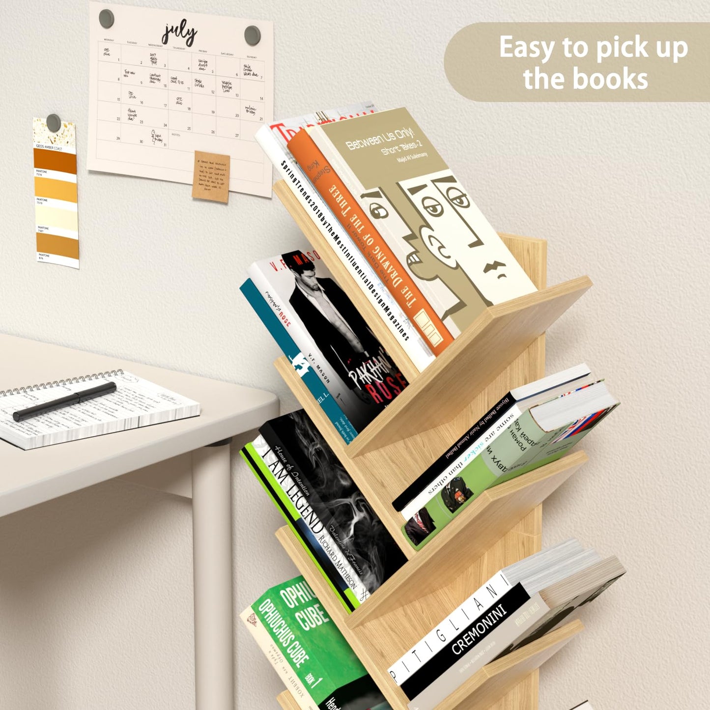 SHEEPAM 10 Tier Tree Book Shelf, Floor Standing Wood Bookshelf for Narrow Space, Storage Organizer Bookshelves for Books/CDs/Magazine, Bookcase with Shelves for Home Office, Living Room - Natural