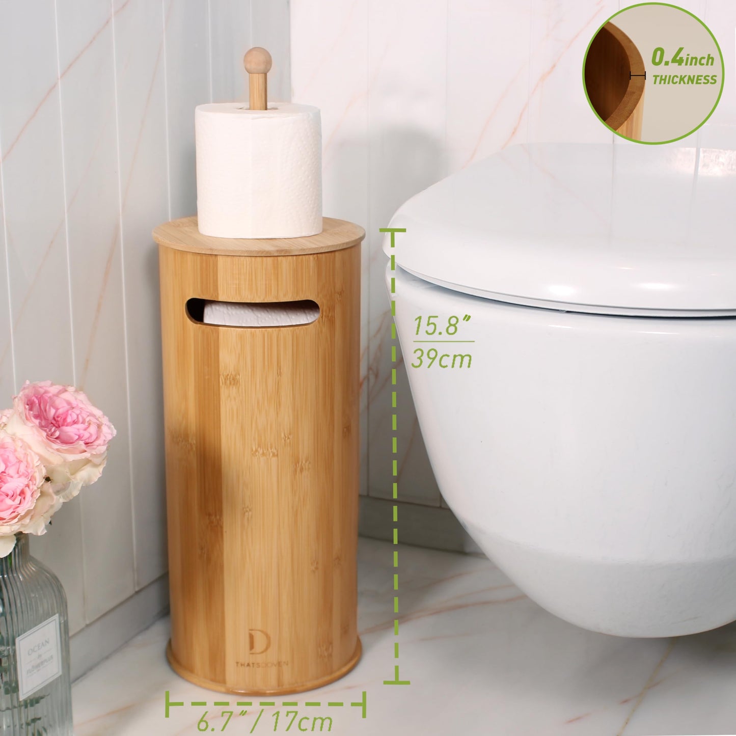 Toilet Paper Stand with 3-Roll Tissue Holder for Boho Bathroom, FreeStanding Bamboo Toilet Paper Holder,Wood Toilet Paper Storage with Lid.