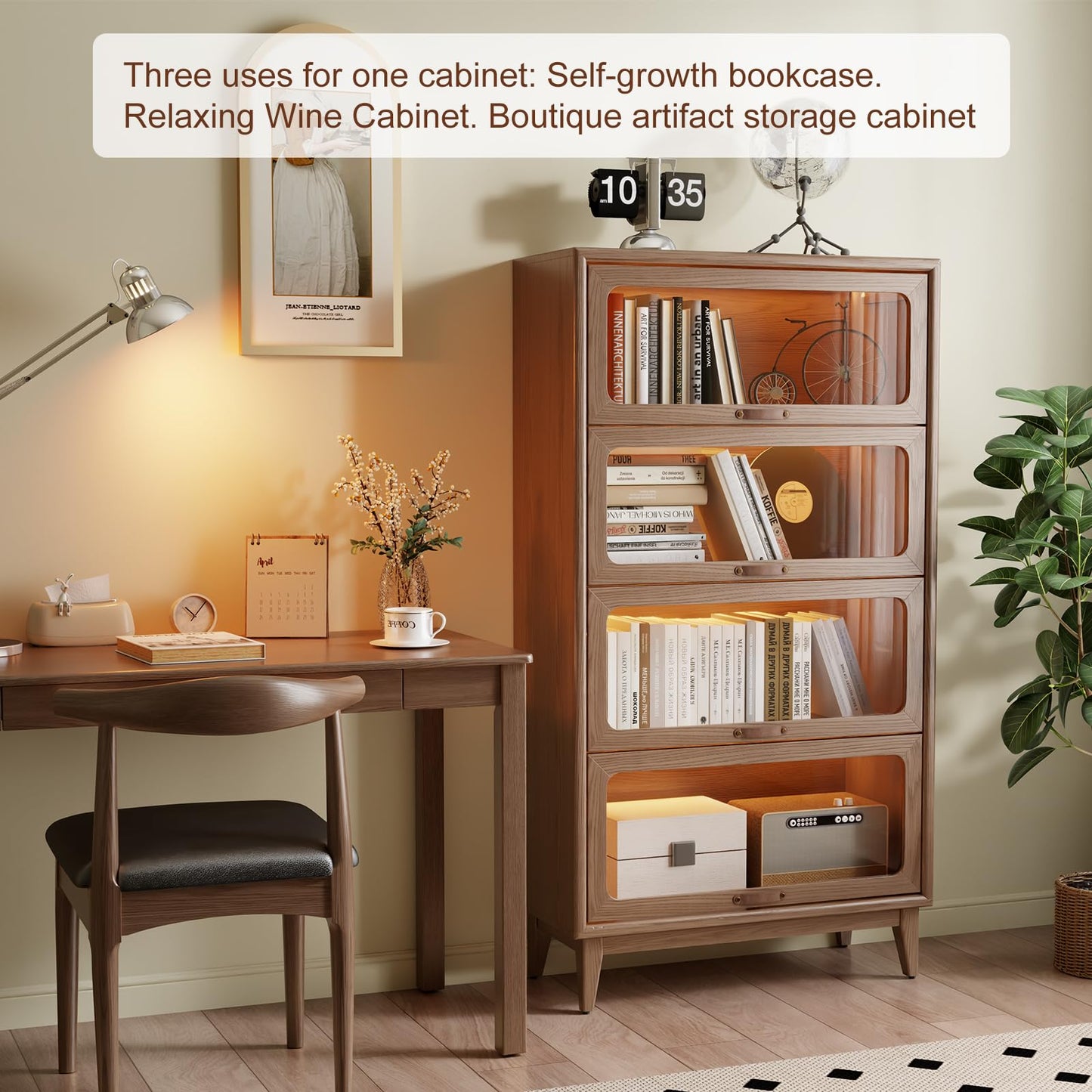 Solid Wood 4 Tier Bookcase with Tempered Glass Doors, Elegant Wooden Book Shelf with Doors 60H/32w/14 inch Log Khaki, Luxury Antique Bookcase Artwork Book Shelves/case for Home Office