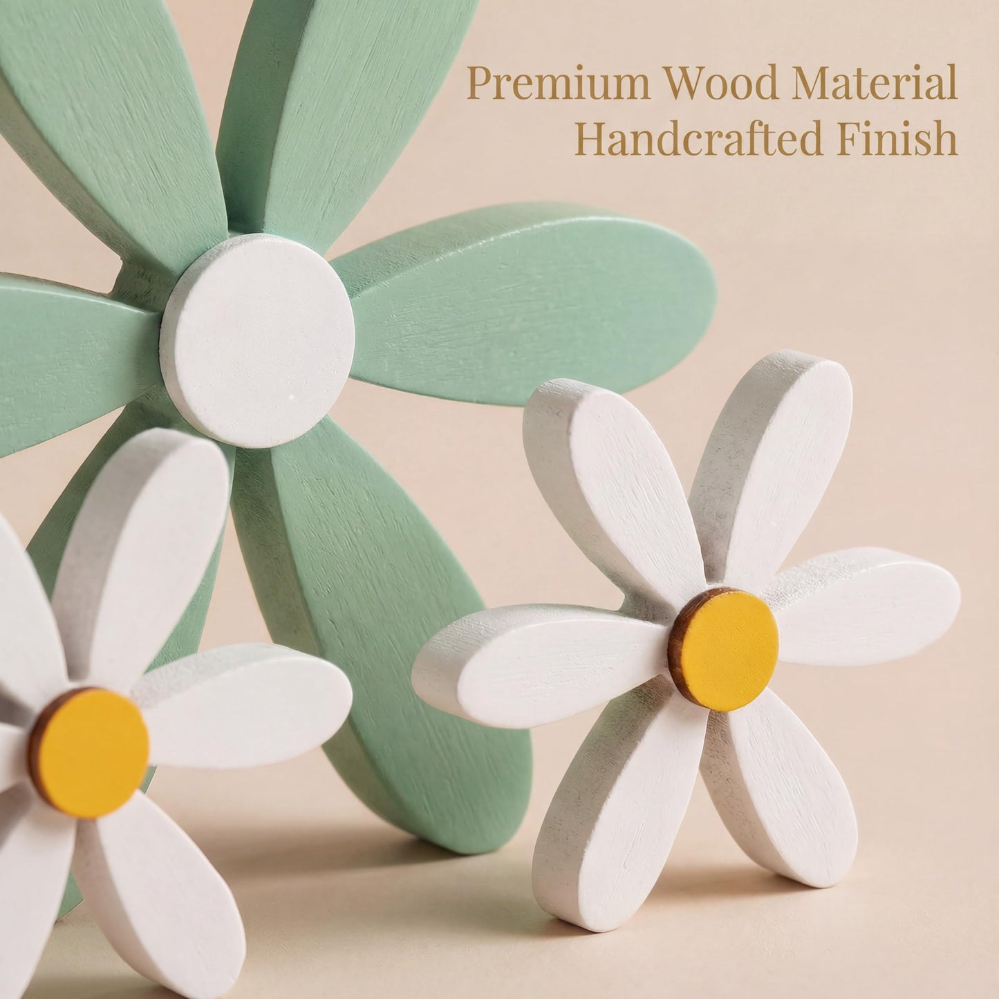 FAJYAZ Spring Decor 3 Piece Wooden Flowers Boho Daisy Decor Handcrafted Shelf Sitters Tabletop Spring Flower Decor for Tiered Tray Home Office Kitchen Living Room Bedroom