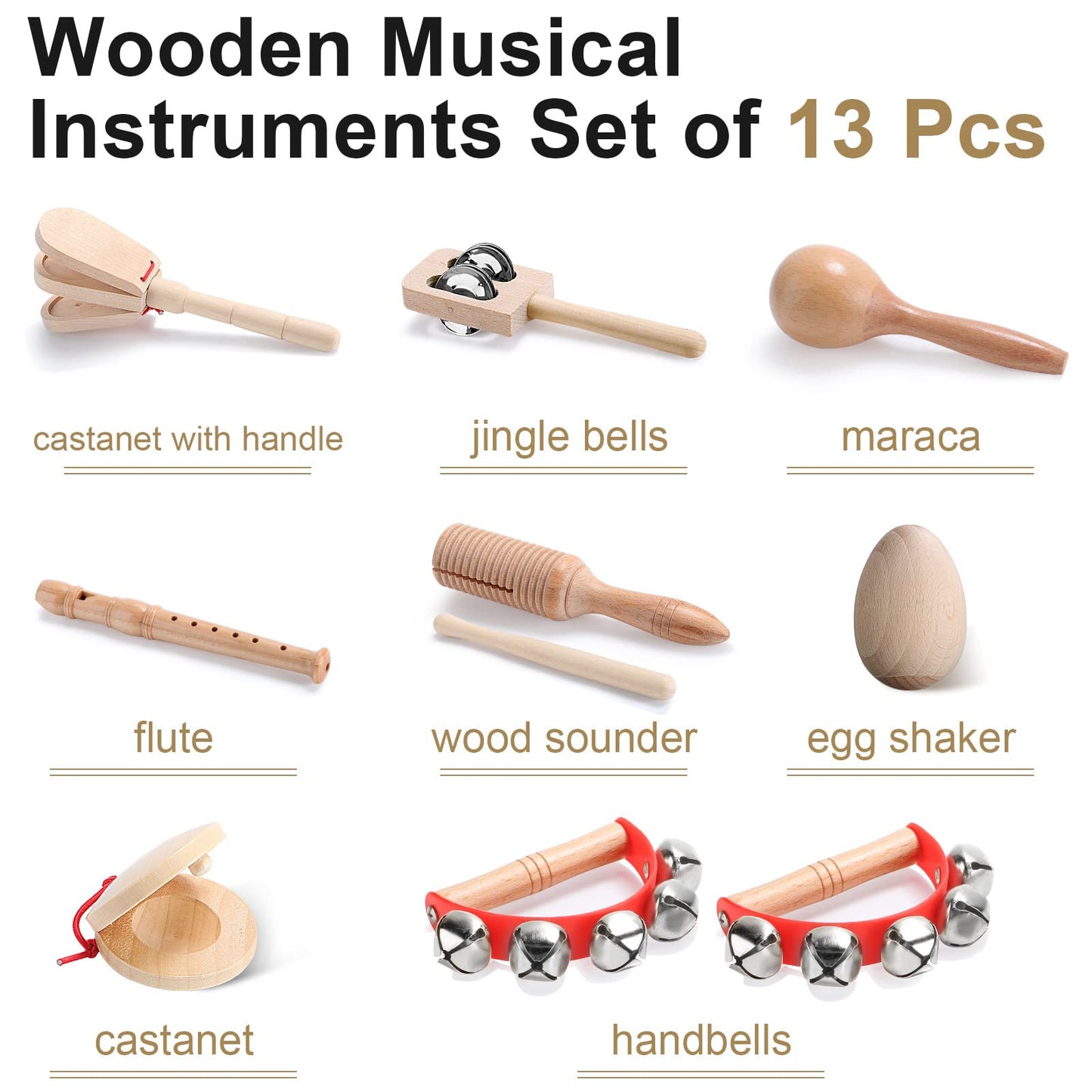 Chumia Toddler Musical Instruments Set 13 Pcs Montessori Wooden Percussion Instruments with Drum Preschool Educational Baby Early Learning Music Toys Set for Little Boys Girls Kids Children Gifts