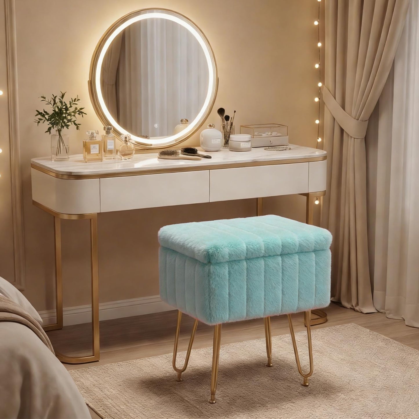 OLIXIS Vanity Stool Chair Faux Fur with Storage, Soft Ottoman 4 Metal Legs with Anti-Slip Feet, Makeup Cute Soft Small Footstool, Modern Style Faux Fur Seat for Makeup, Bedroom Dresser, Mint Green