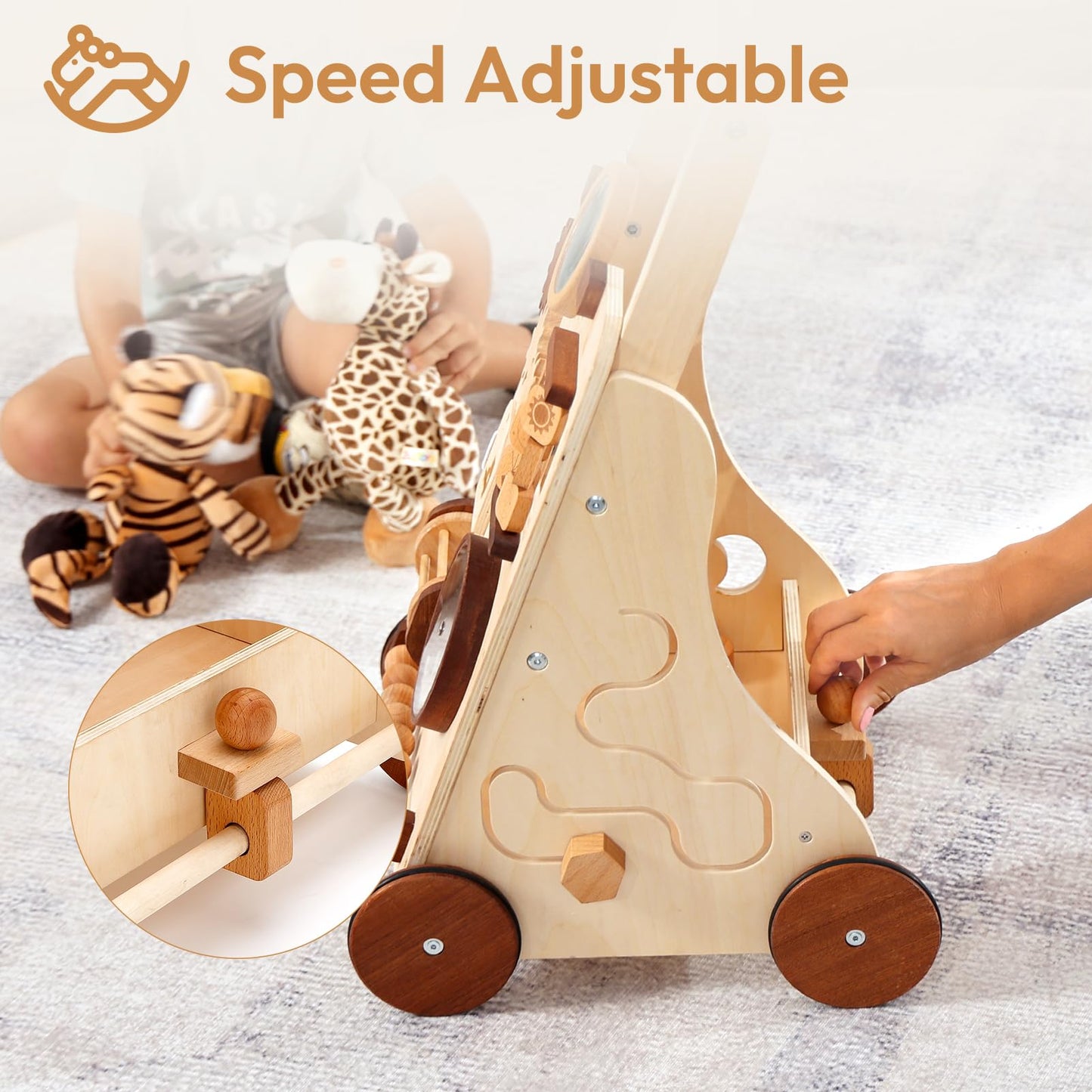 Woodtoe Wooden Baby Walker, Adjustable Speed Push Walker, Montessori Toys for 1 Year Old, Wood Walker for Boys and Girls, Baby Activity Center, Toddler Push Toys, Baby Shower Birthday Toy Gift for 1+