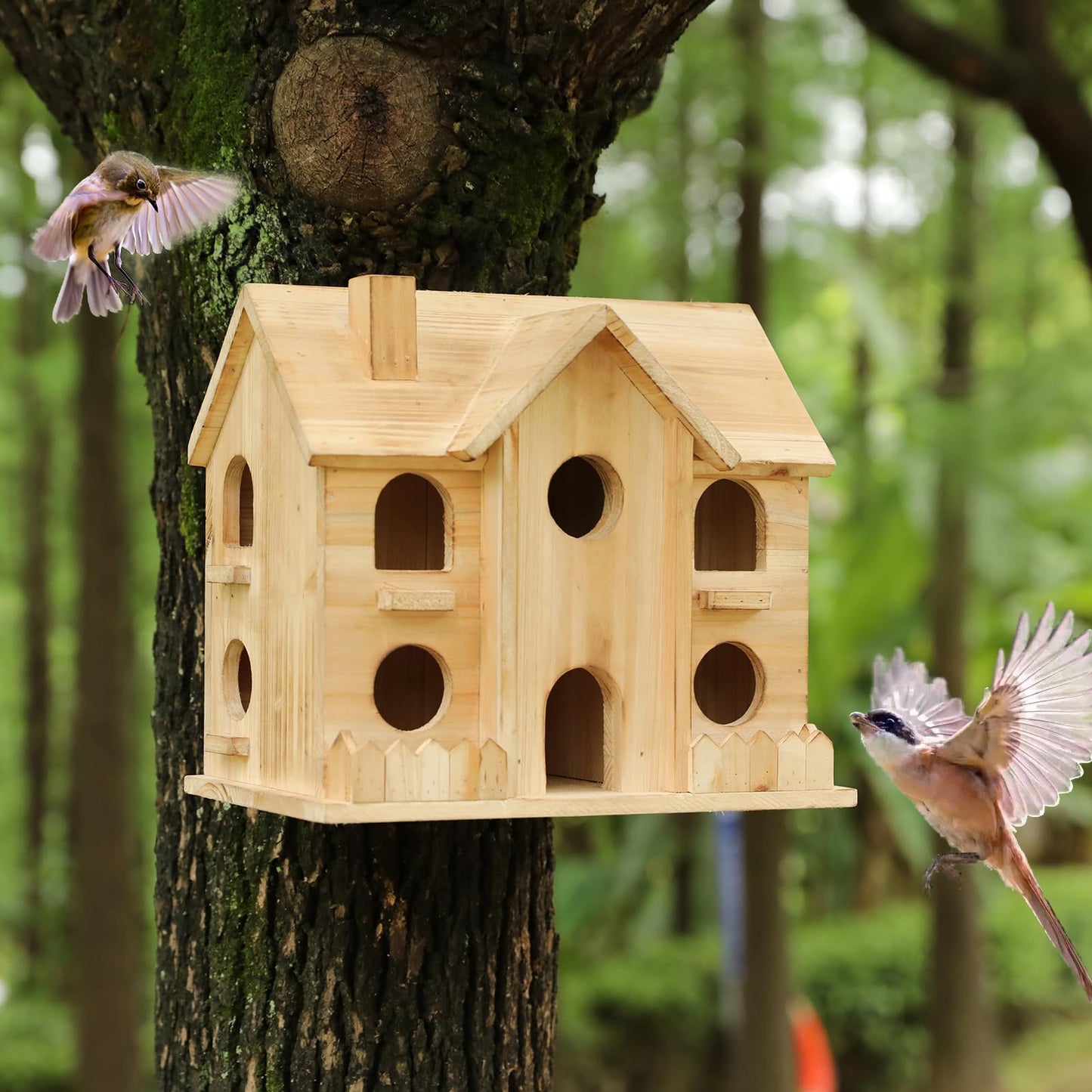 Bird Houses for Outside,10 Hole Wooden Birdhouse for Outdoor Large Hanging Bird House Backyard Birding & Wildlife (10 Hole)