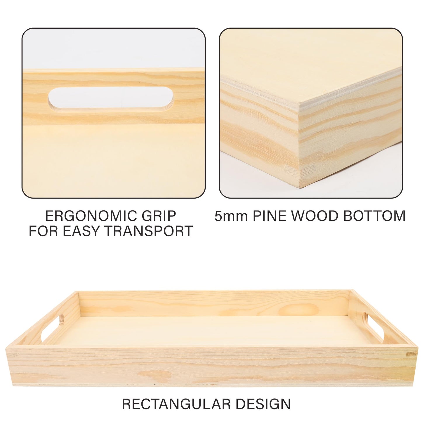 LotFancy Wooden Nested Serving Trays, Set of 5, Unfinished Natural Wood Trays with Handles, for Craft and Decor, Food Organizer for Breakfast, Lunch, Dinner